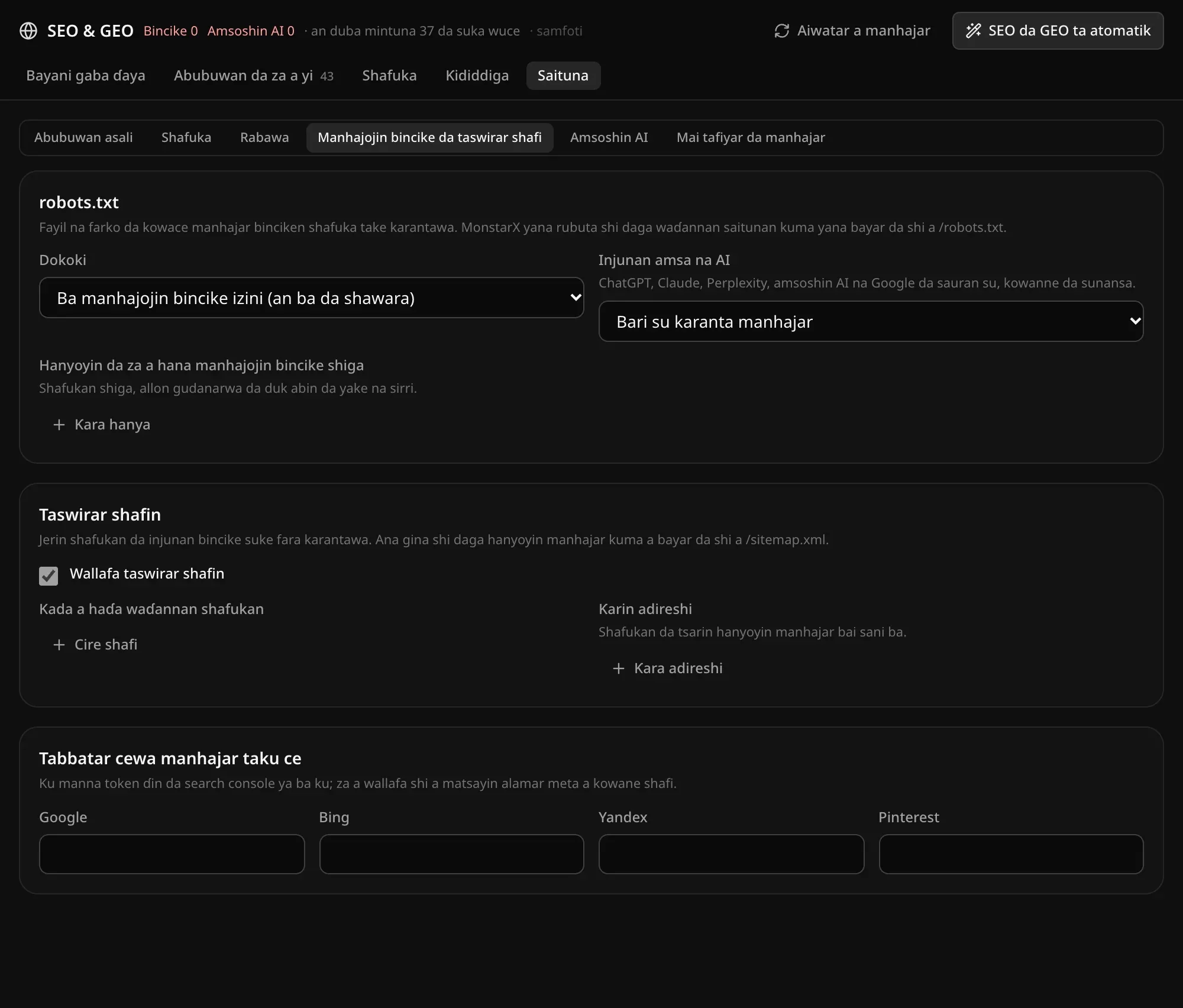 Manhajojin bincike da taswirar shafi: dokokin robots.txt, injunan amsa na AI, hanyoyin da za a hana manhajojin bincike shiga, taswirar shafin, da token na tabbatarwa don Google, Bing, Yandex da Pinterest