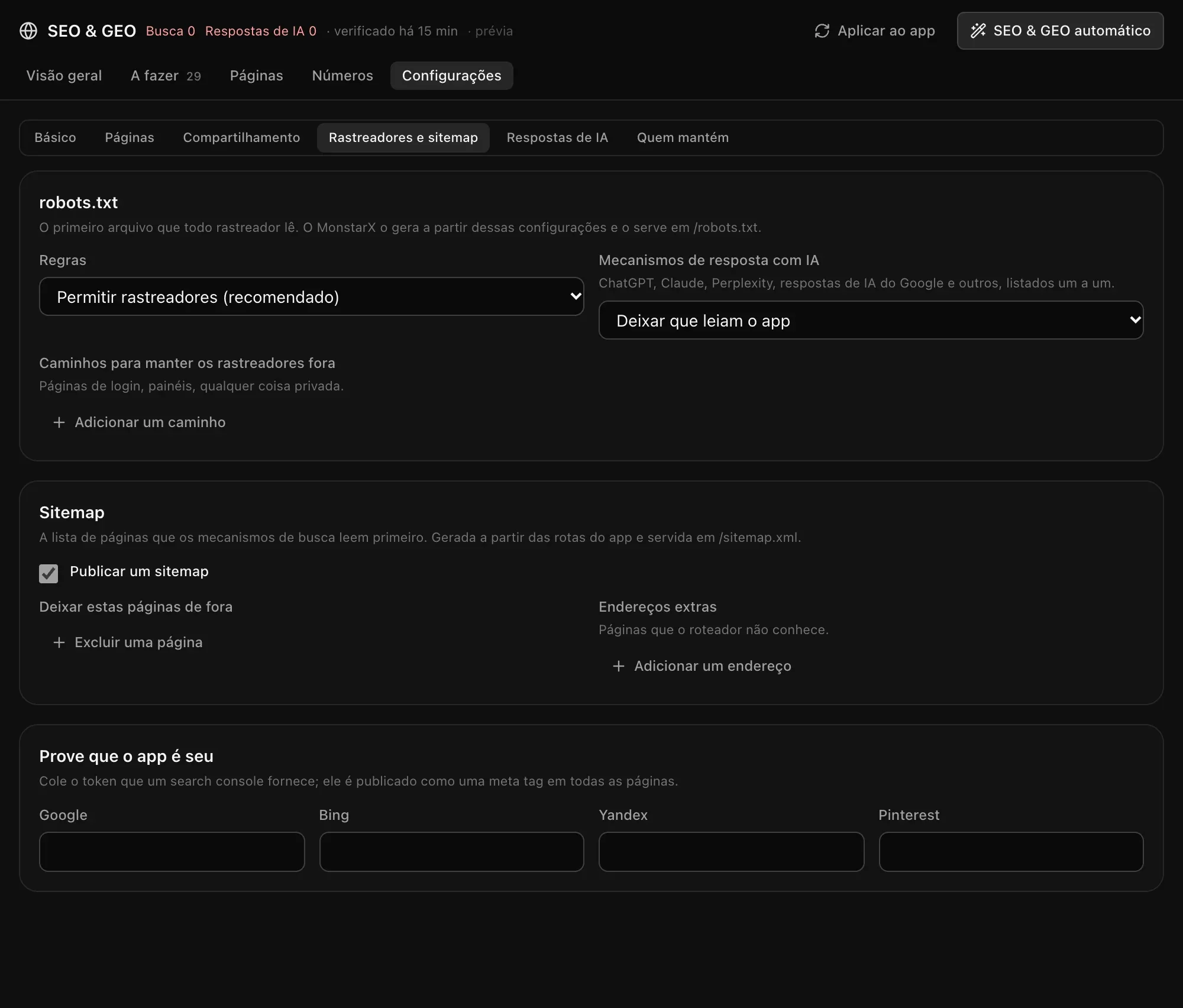 Rastreadores e sitemap: regras do robots.txt, Mecanismos de resposta com IA, caminhos para manter os rastreadores fora, o sitemap e os tokens de verificação do Google, Bing, Yandex e Pinterest