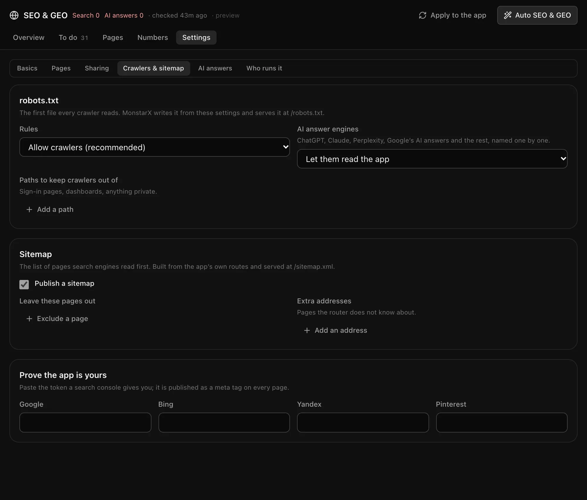 Crawlers & sitemap: robots.txt rules, AI answer engines, paths to keep crawlers out of, the sitemap, and verification tokens for Google, Bing, Yandex and Pinterest