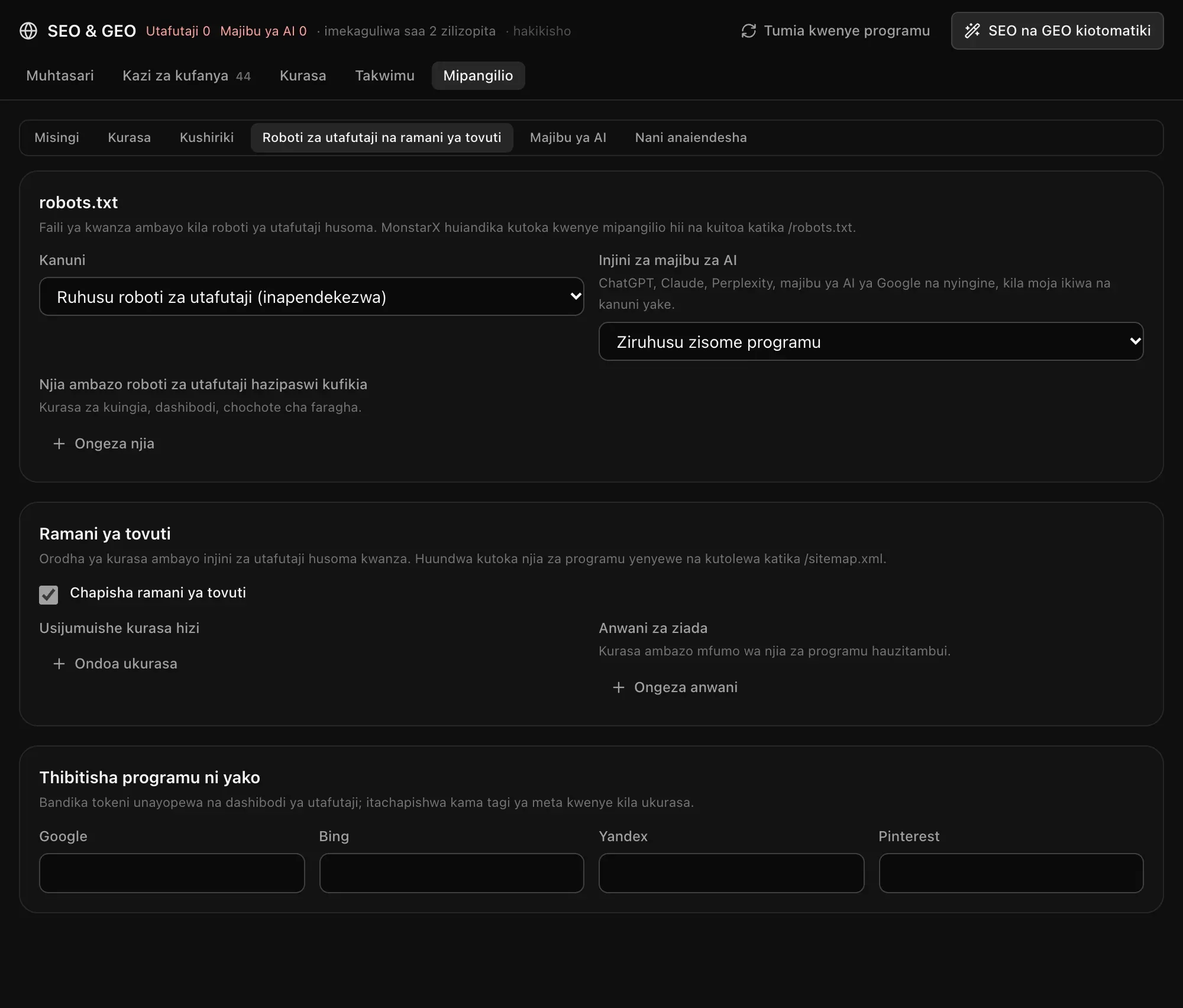 Roboti za utafutaji na ramani ya tovuti: kanuni za robots.txt, injini za majibu za AI, njia ambazo roboti hazipaswi kufikia, ramani ya tovuti, na tokeni za uthibitisho za Google, Bing, Yandex na Pinterest