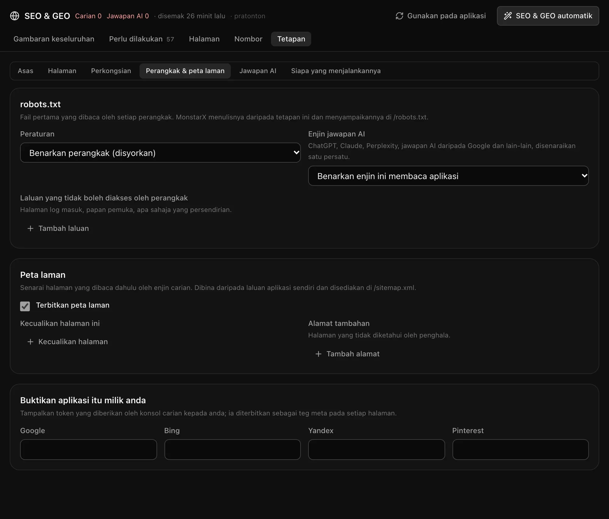 Perangkak & peta laman: peraturan robots.txt, enjin jawapan AI, laluan yang tidak boleh diakses oleh perangkak, peta laman, dan token pengesahan untuk Google, Bing, Yandex dan Pinterest