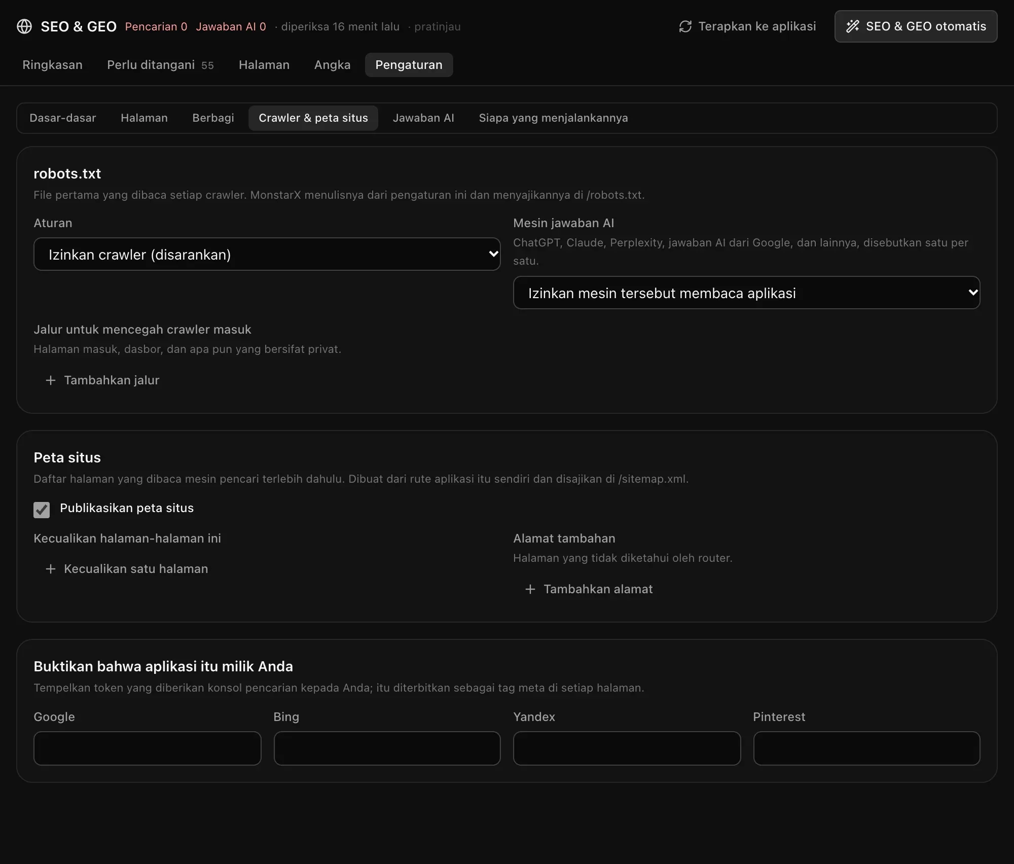 Crawler & peta situs: aturan robots.txt, mesin jawaban AI, jalur yang tertutup bagi crawler, peta situs, dan token verifikasi untuk Google, Bing, Yandex, dan Pinterest