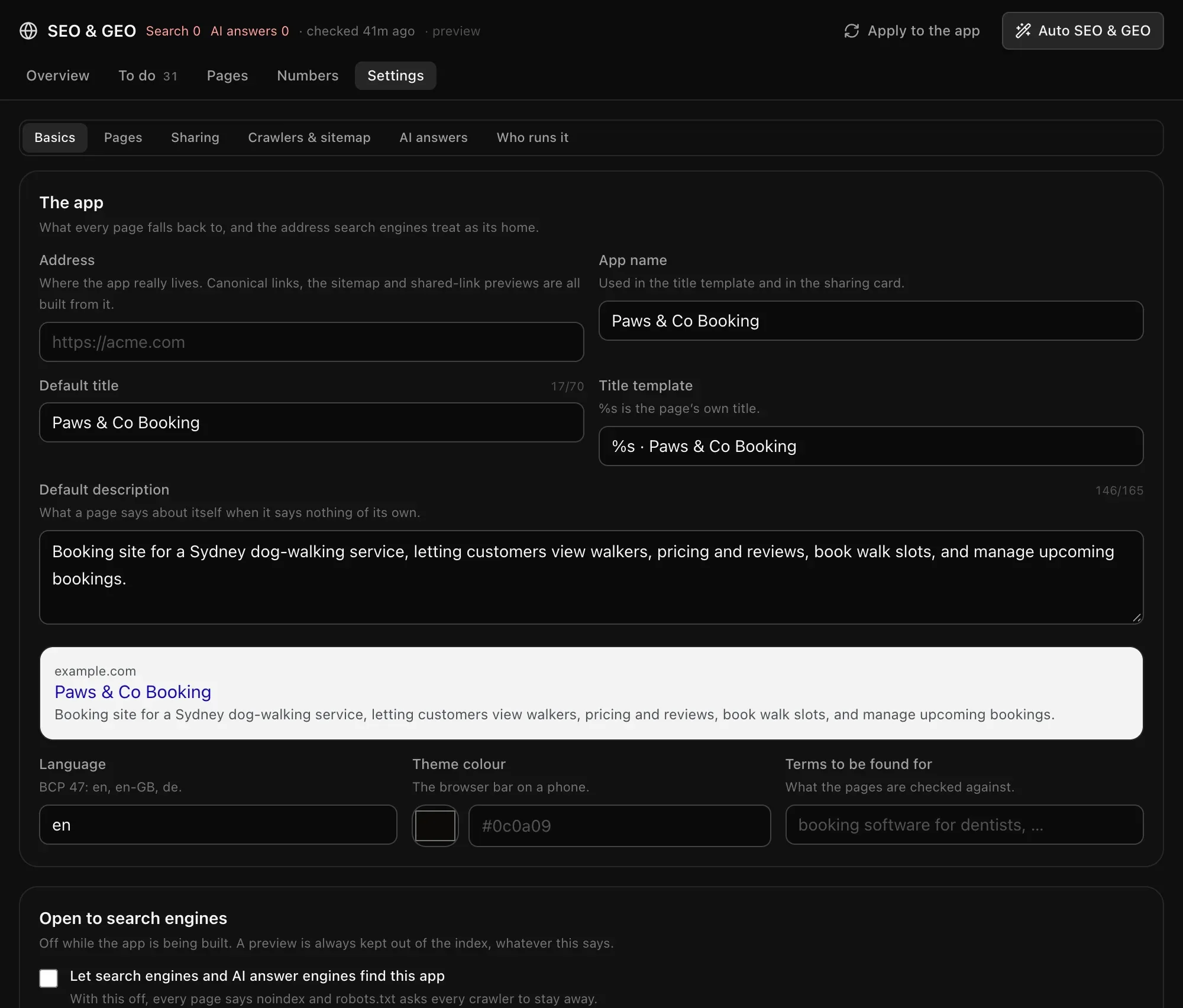 SEO settings, Basics: address, app name, default title, title template, default description, a preview of the search result, language, theme colour and terms to be found for