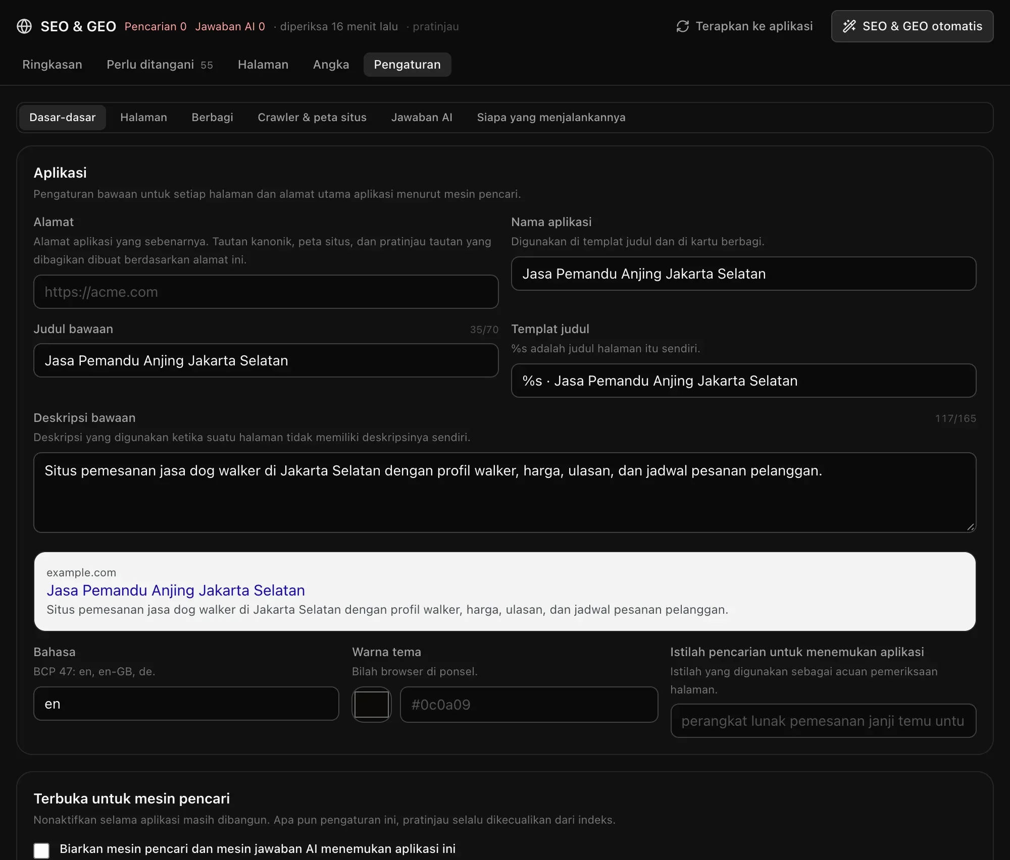 Pengaturan SEO, bagian Dasar-dasar: alamat, nama aplikasi, judul bawaan, templat judul, deskripsi bawaan, pratinjau hasil pencarian, bahasa, warna tema, dan istilah pencarian