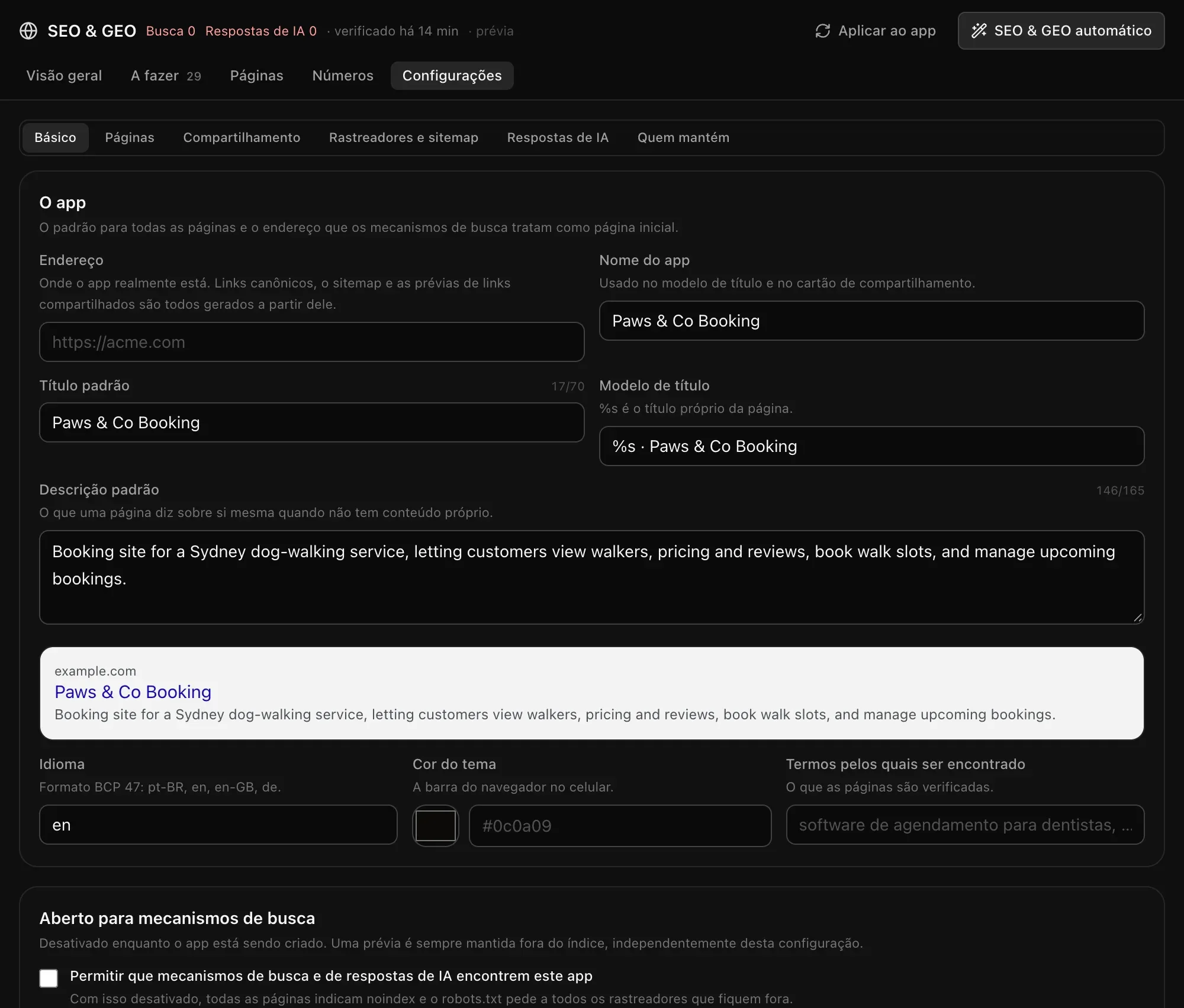 Configurações de SEO, Básico: endereço, nome do app, título padrão, modelo de título, descrição padrão, uma prévia do resultado de busca, idioma, cor do tema e termos pelos quais ser encontrado