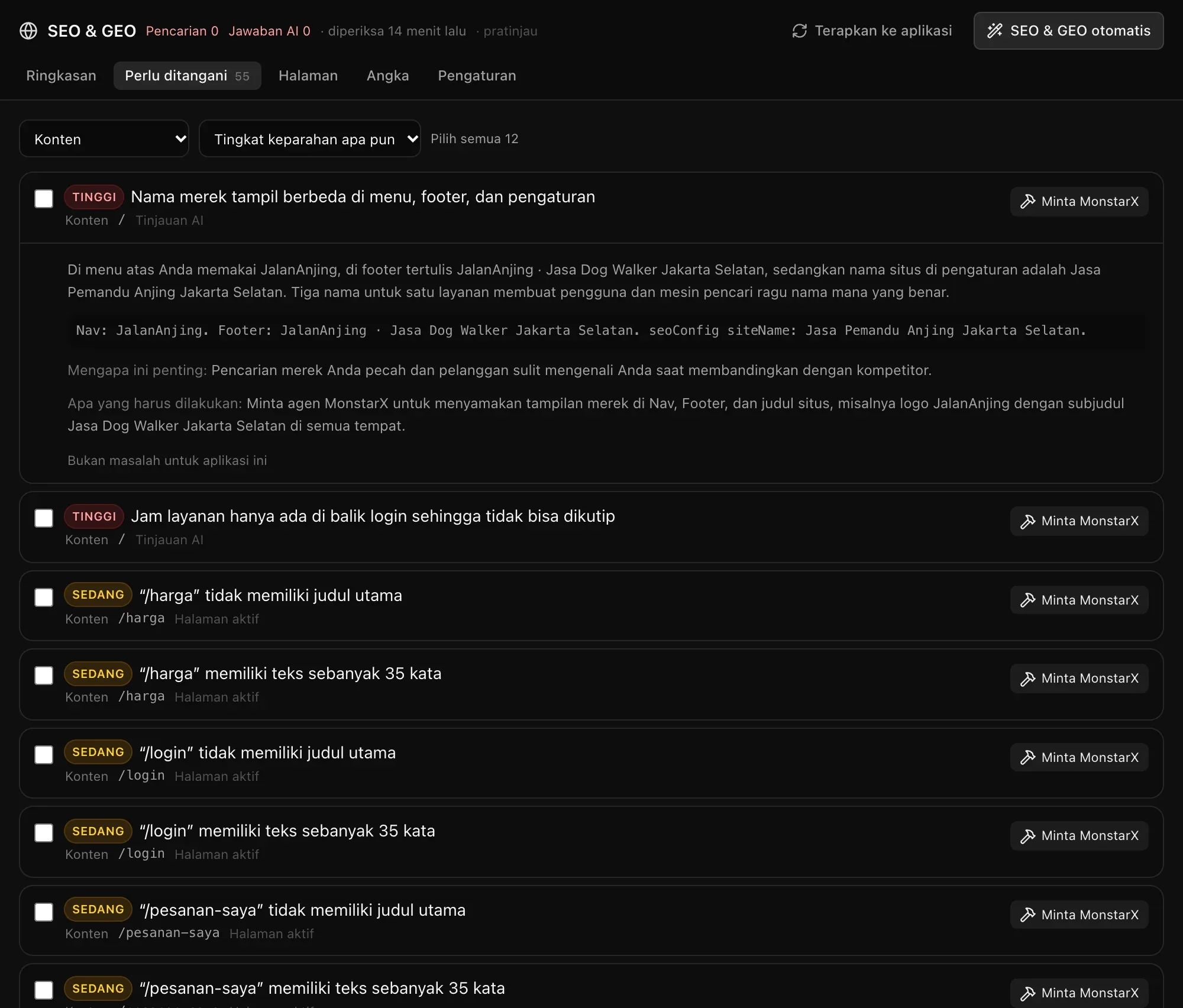 Perlu ditangani dengan filter Konten: satu temuan terbuka berisi apa yang salah, mengapa penting, dan apa yang perlu dilakukan, serta temuan lain yang masing-masing punya tombol untuk meminta MonstarX memperbaikinya