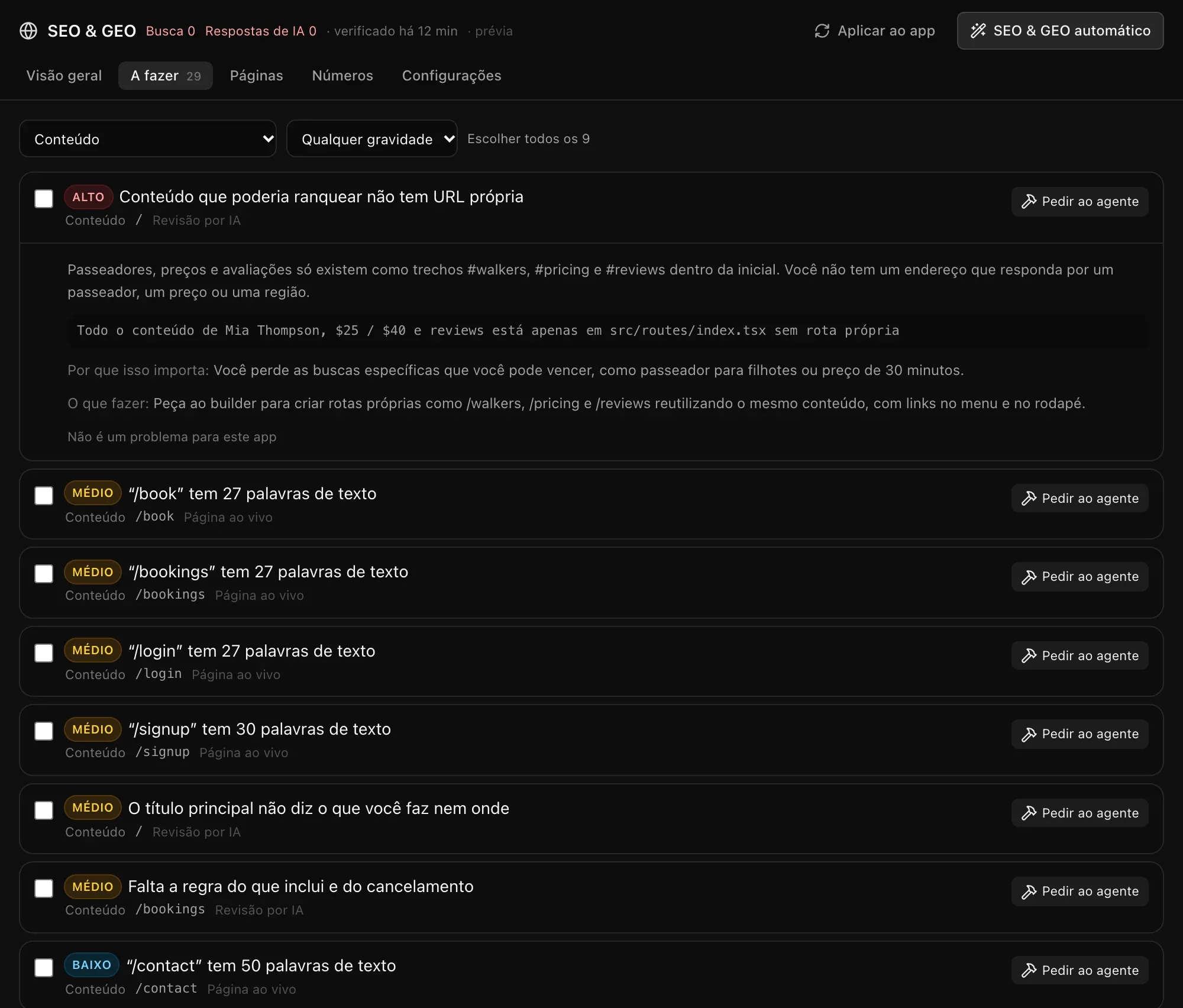 A fazer filtrado por Conteúdo: um achado aberto com o que está errado, por que importa e o que fazer, e outros achados, cada um com Pedir ao agente