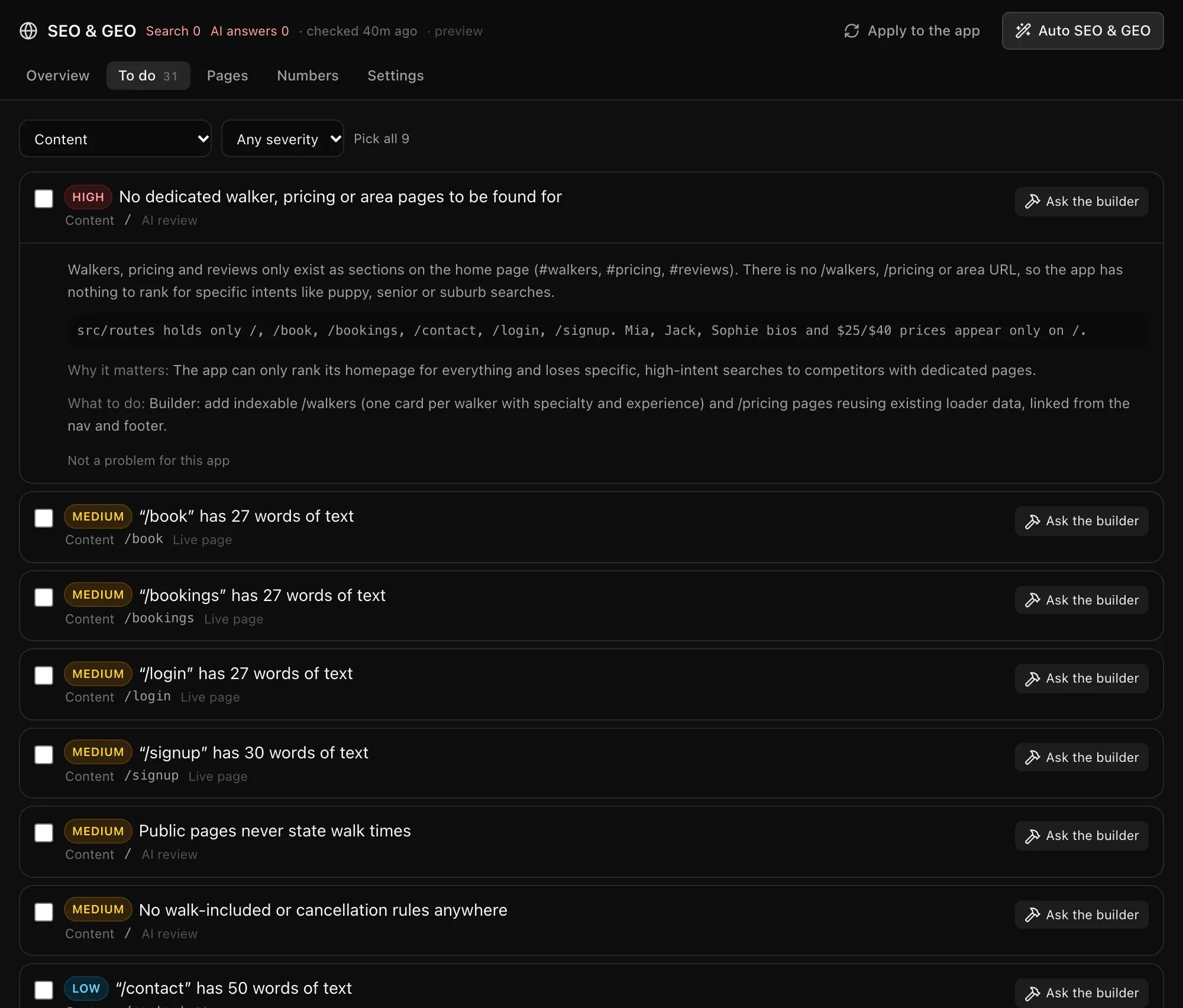 To do filtered to Content: a finding opened with what is wrong, why it matters and what to do, and more findings each with Ask the builder