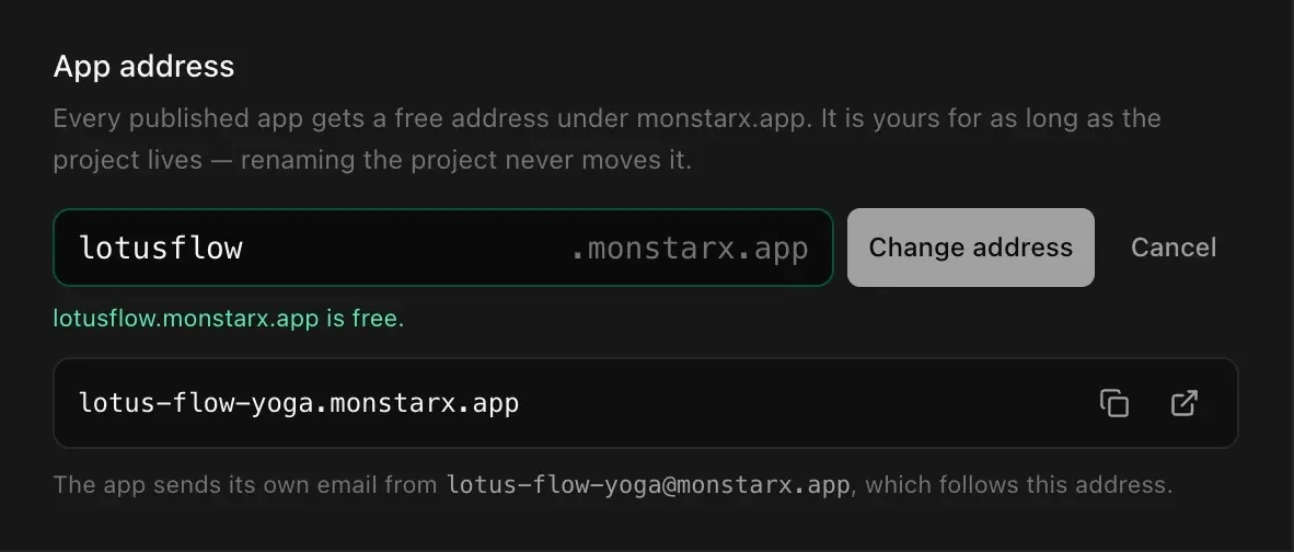 The App address field with lotusflow typed, a green note lotusflow.monstarx.app is free., and the Change address and Cancel buttons