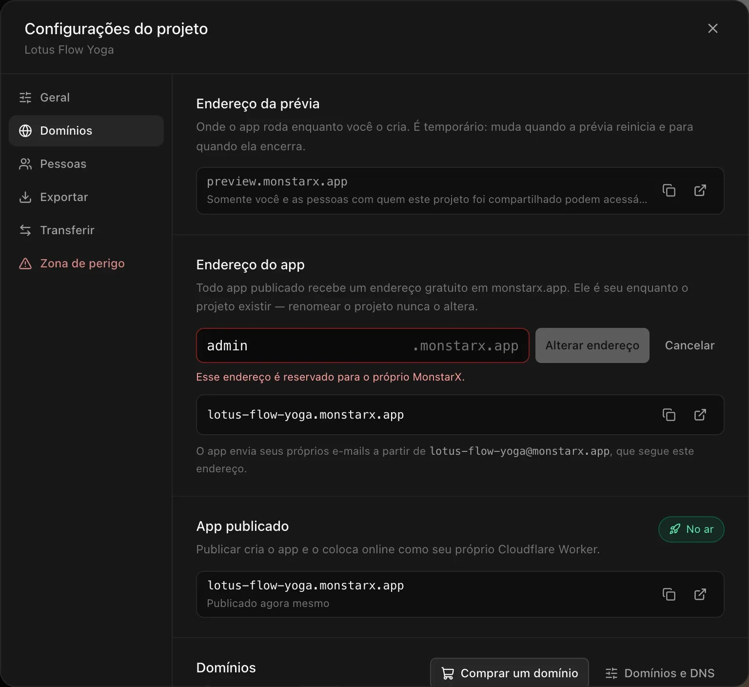 O campo Endereço do app com admin digitado, com borda vermelha e o aviso Esse endereço é reservado para o próprio MonstarX.