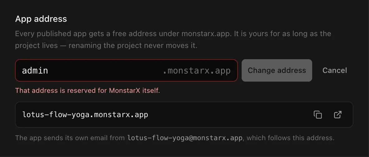 The App address field with admin typed, outlined in red, and the note That address is reserved for MonstarX itself.