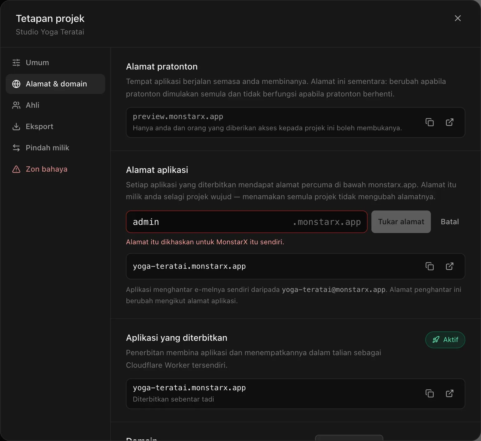 Medan Alamat aplikasi dengan admin ditaip, bergaris merah, dan nota Alamat itu dikhaskan untuk MonstarX itu sendiri.
