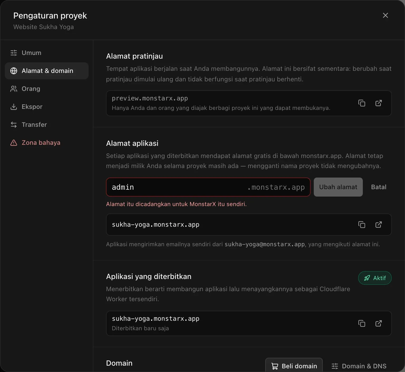 Kolom Alamat aplikasi berisi admin, bergaris merah, dengan catatan Alamat itu dicadangkan untuk MonstarX itu sendiri.