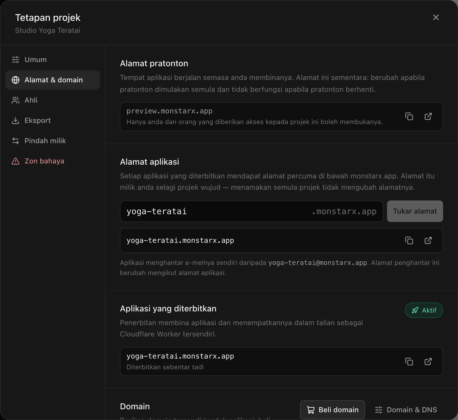 Tetapan projek, Alamat & domain: Alamat pratonton, medan Alamat aplikasi yoga-teratai .monstarx.app dengan butang Tukar alamat, alamat e-mel aplikasi, dan Aplikasi yang diterbitkan bertanda Aktif