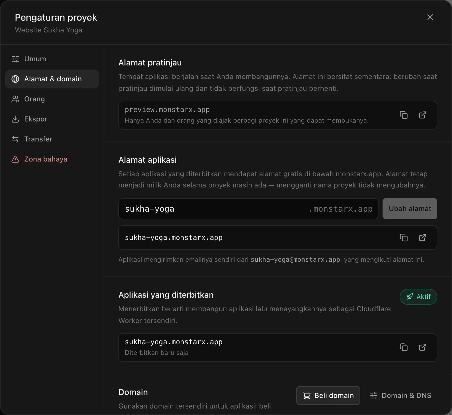 Pengaturan proyek, Alamat & domain: Alamat pratinjau, kolom Alamat aplikasi sukha-yoga .monstarx.app dengan tombol Ubah alamat, alamat email aplikasi, dan Aplikasi yang diterbitkan bertanda Aktif