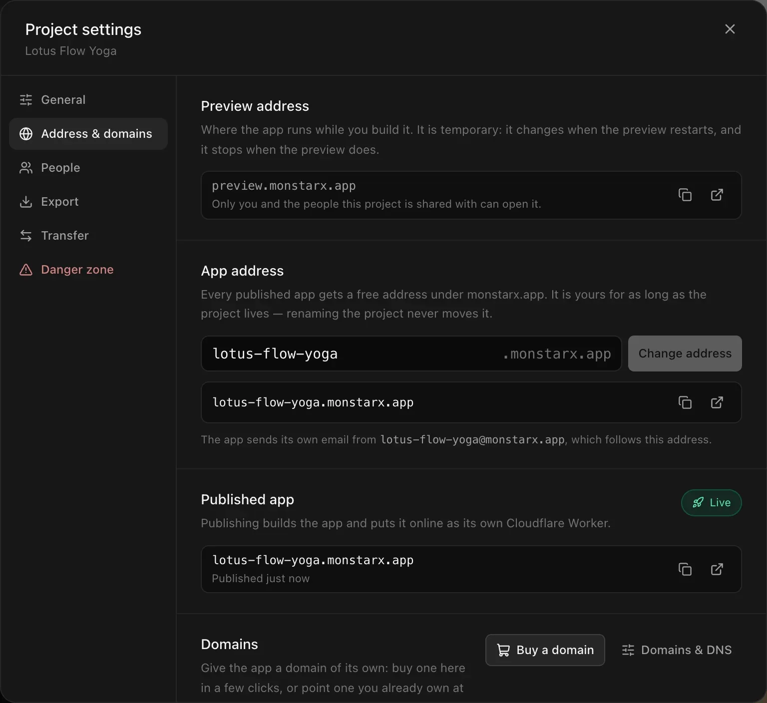 Project settings, Address & domains: the Preview address, the App address field lotus-flow-yoga .monstarx.app with a Change address button, the app's email address, and the Published app marked Live