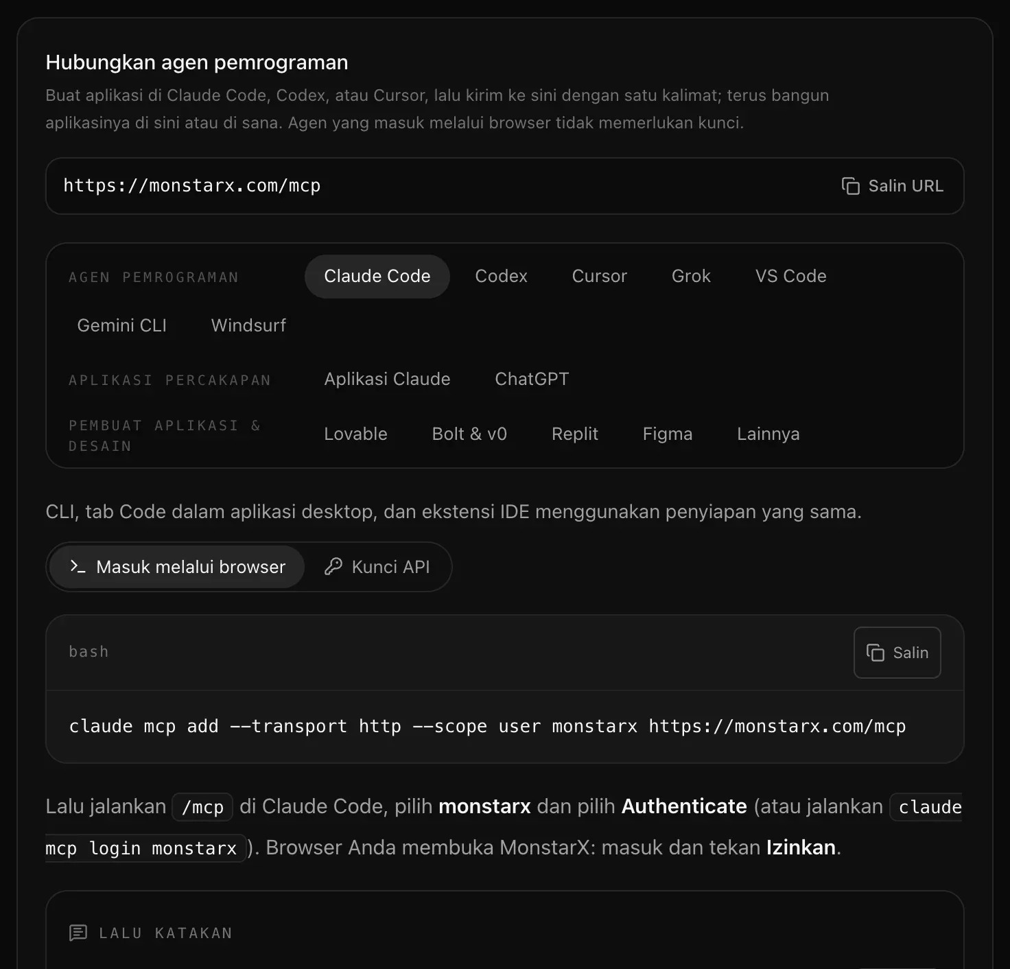 Hubungkan agen pemrograman di Pengaturan, API & MCP: alamat MCP dengan Salin URL, agen yang dikelompokkan sebagai Agen pemrograman, Aplikasi percakapan, dan Pembuat aplikasi & desain, Claude Code terpilih dengan Masuk melalui browser, perintah penyiapannya, dan kotak Lalu katakan