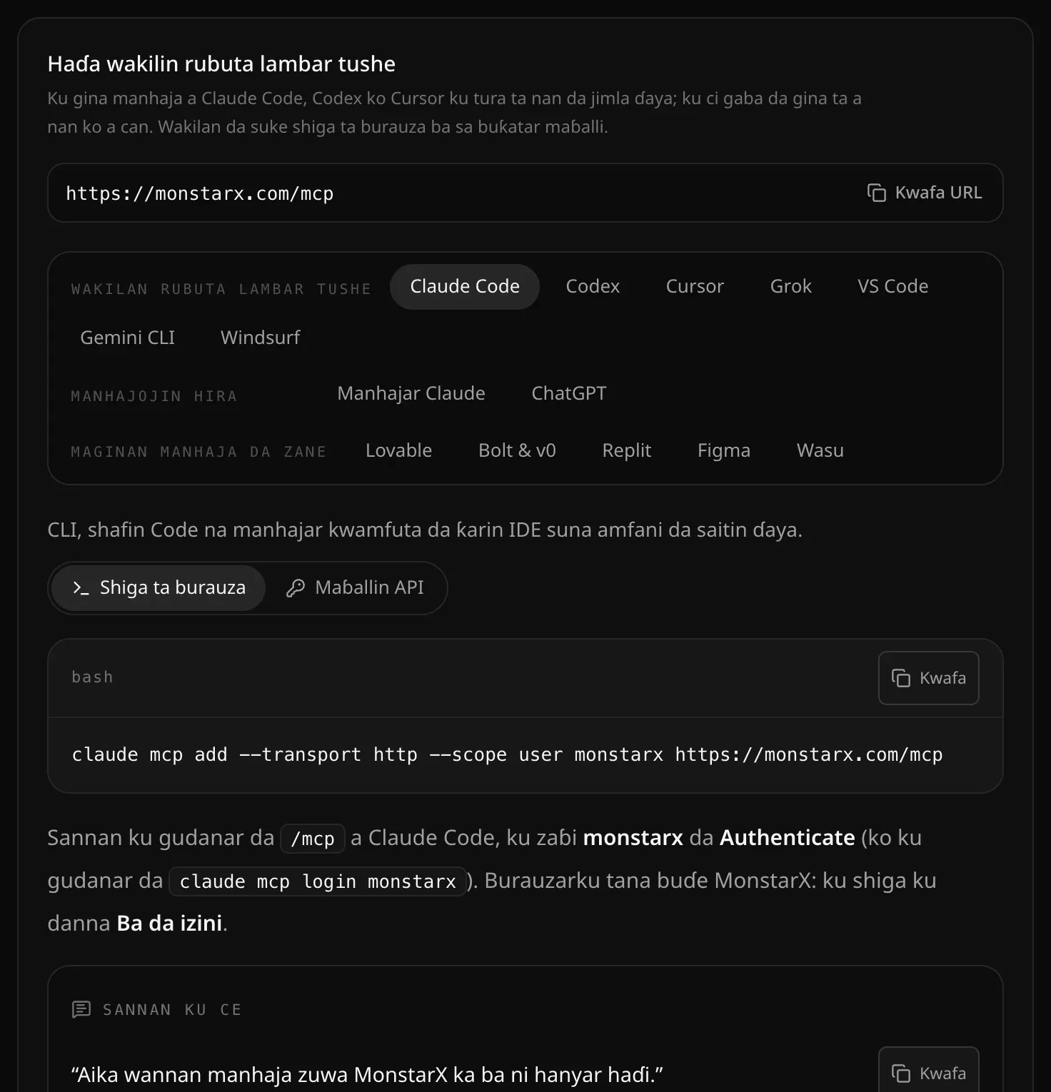 Haɗa wakilin rubuta lambar tushe a Saituna, API & MCP: adireshin MCP tare da Kwafa URL, wakilai a rukunonin Wakilan rubuta lambar tushe, Manhajojin hira da Maginan manhaja da zane, inda aka zaɓi Claude Code tare da Shiga ta burauza, umarnin saitinsa da akwatin “Sannan ku ce”