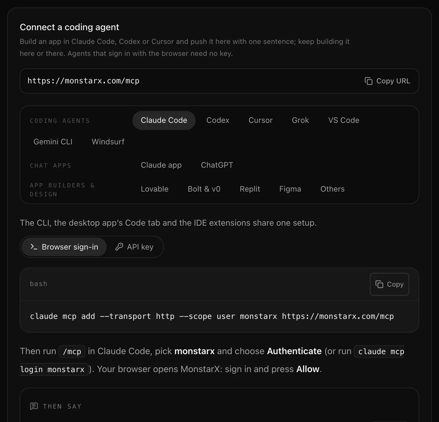 Connect a coding agent in Settings, API & MCP: the MCP address with Copy URL, the agents grouped as Coding agents, Chat apps and App builders & design, Claude Code selected with Browser sign-in, its setup command and the Then say box