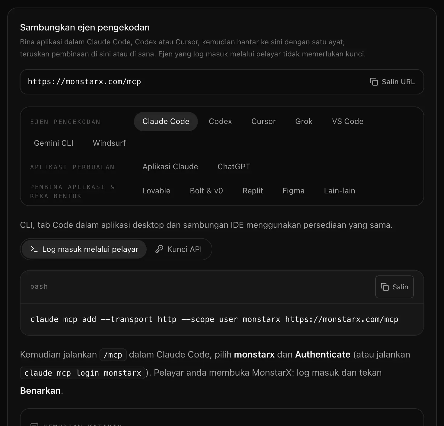 Sambungkan ejen pengekodan dalam Tetapan, API & MCP: alamat MCP dengan Salin URL, ejen yang dikumpulkan sebagai Ejen pengekodan, Aplikasi perbualan serta Pembina aplikasi & reka bentuk, Claude Code dipilih dengan Log masuk melalui pelayar, arahan persediaannya dan kotak Kemudian katakan