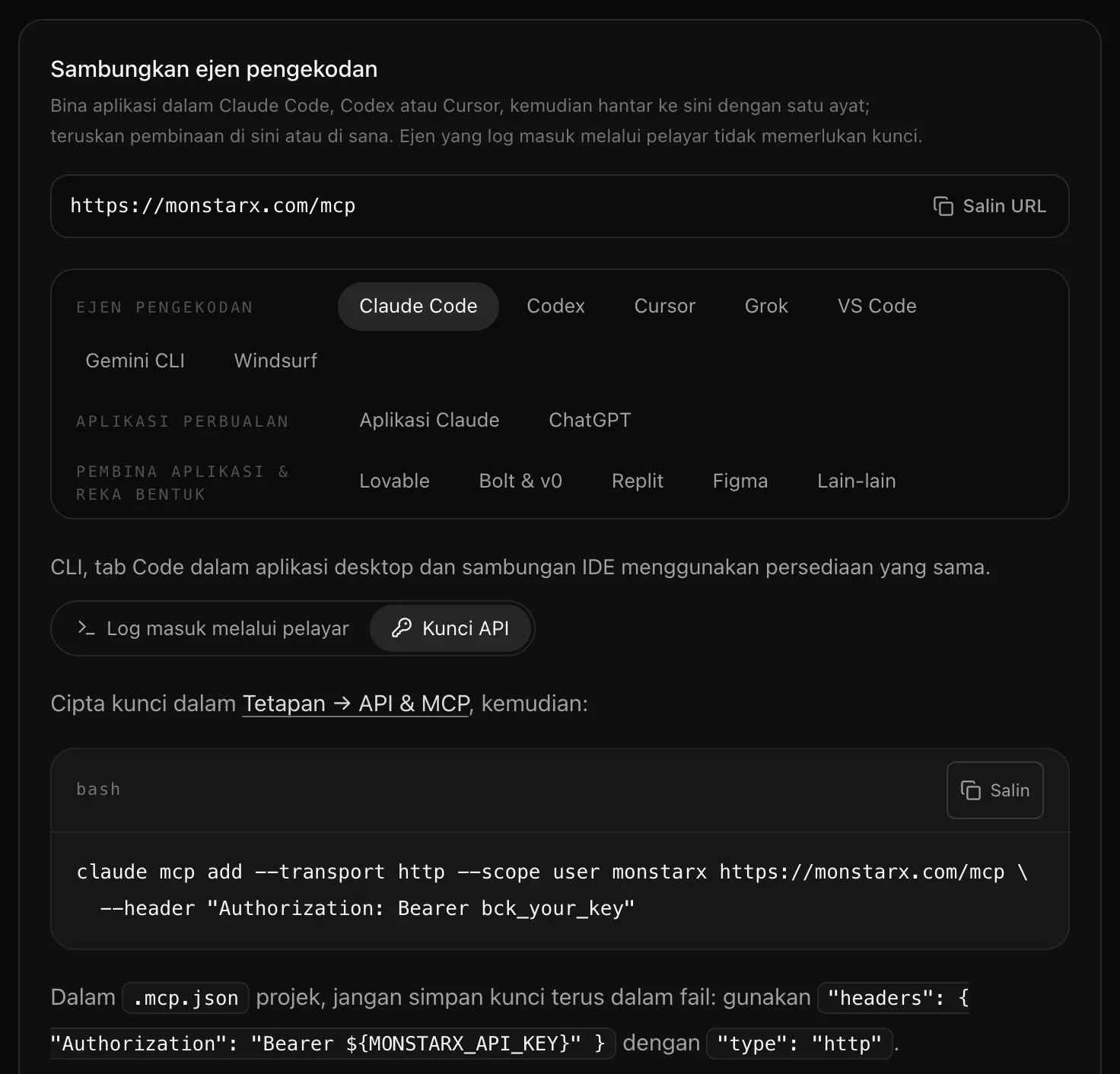 Persediaan Claude Code dengan Kunci API dipilih: buat kunci dalam Tetapan, API & MCP, kemudian arahan claude mcp add dengan pengepala Authorization: Bearer bck_your_key