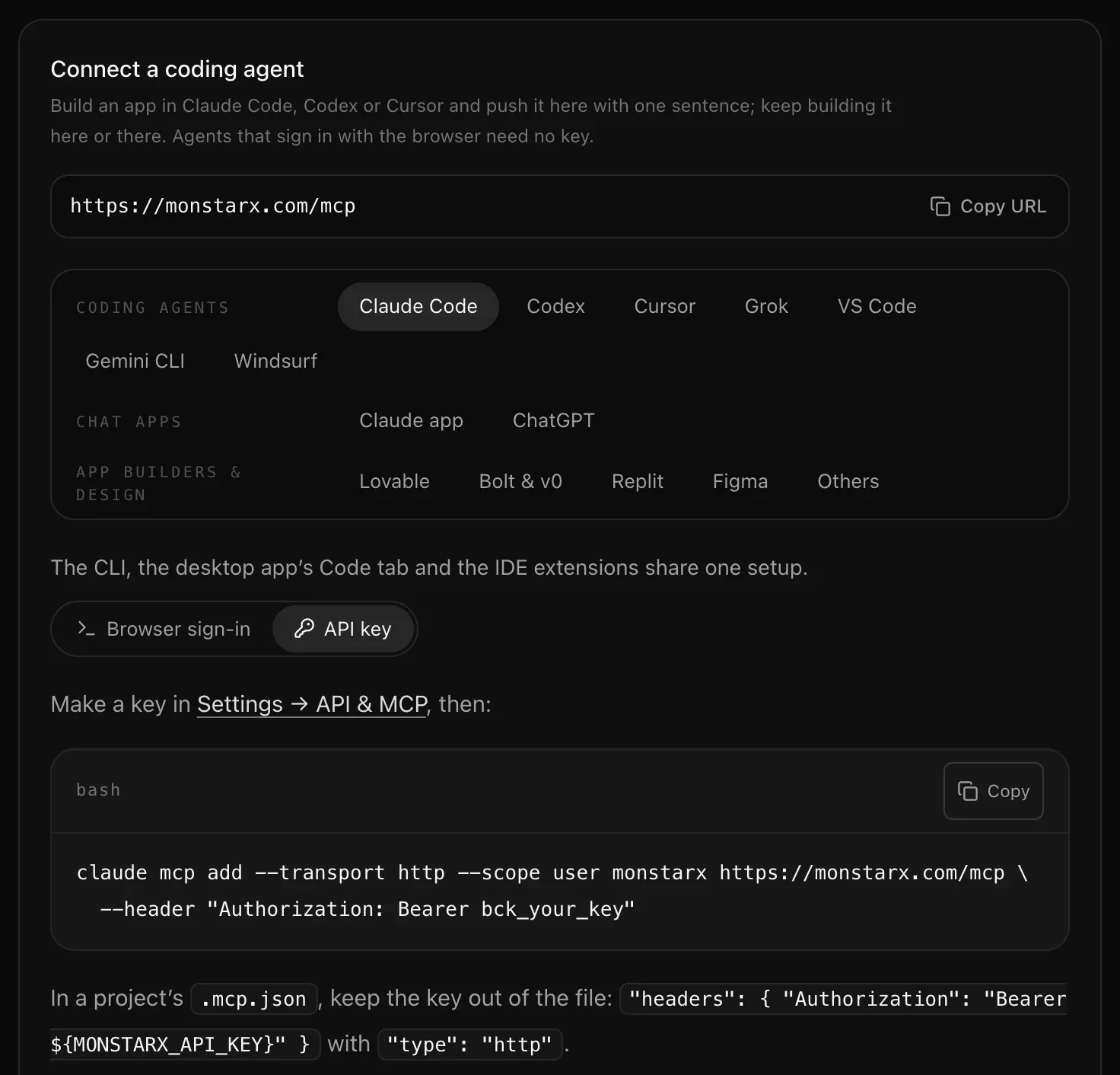 The Claude Code setup with API key selected: make a key in Settings, API & MCP, then a claude mcp add command with an Authorization: Bearer bck_your_key header