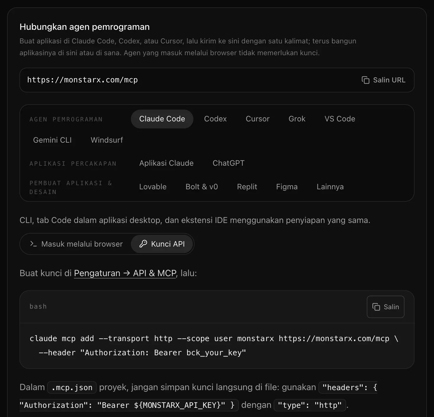 Penyiapan Claude Code dengan Kunci API dipilih: buat kunci di Pengaturan, API & MCP, lalu perintah claude mcp add dengan header Authorization: Bearer bck_your_key
