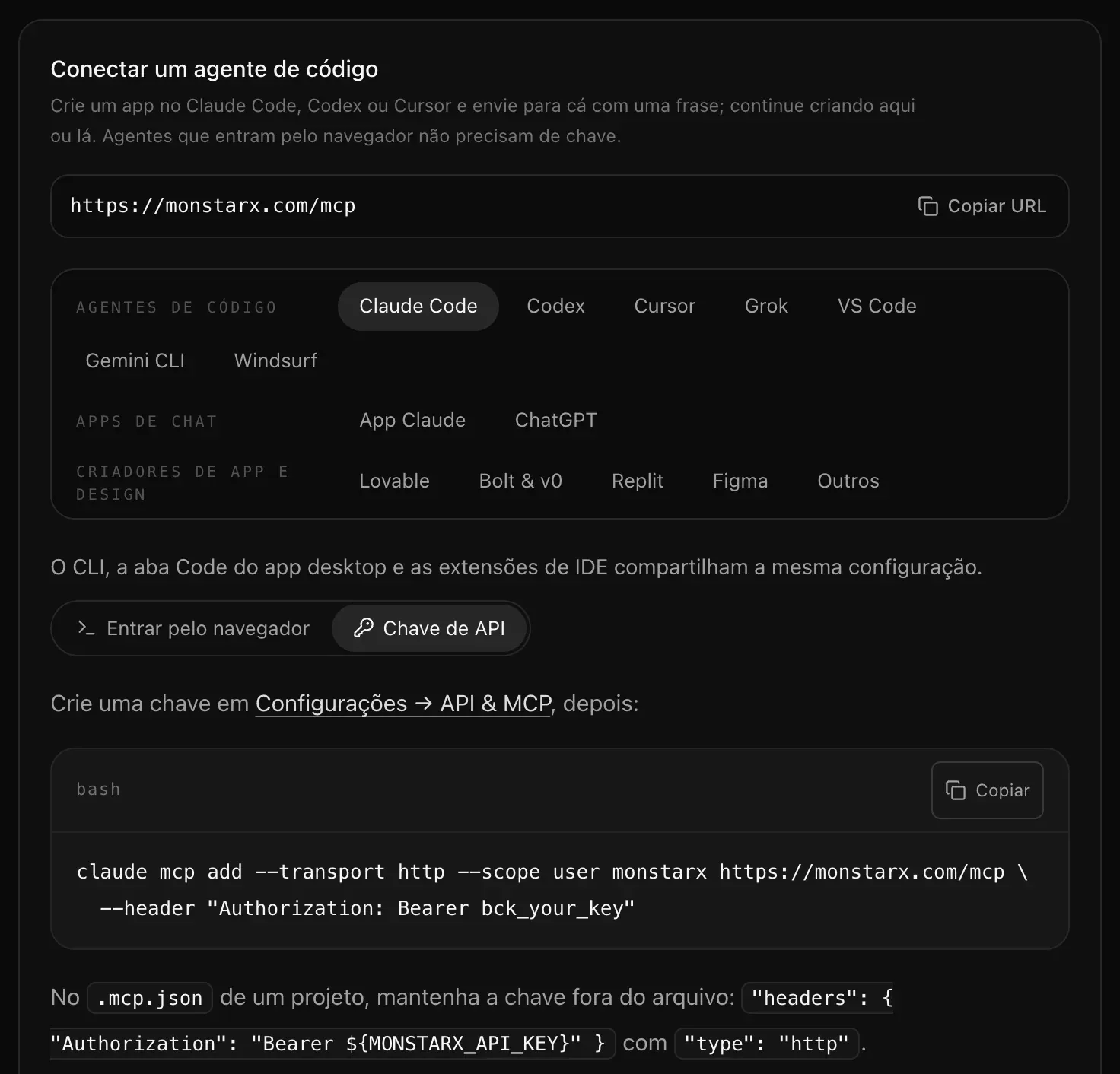 A configuração do Claude Code com Chave de API selecionada: crie uma chave em Configurações, API & MCP, e depois um comando claude mcp add com o cabeçalho Authorization: Bearer bck_your_key