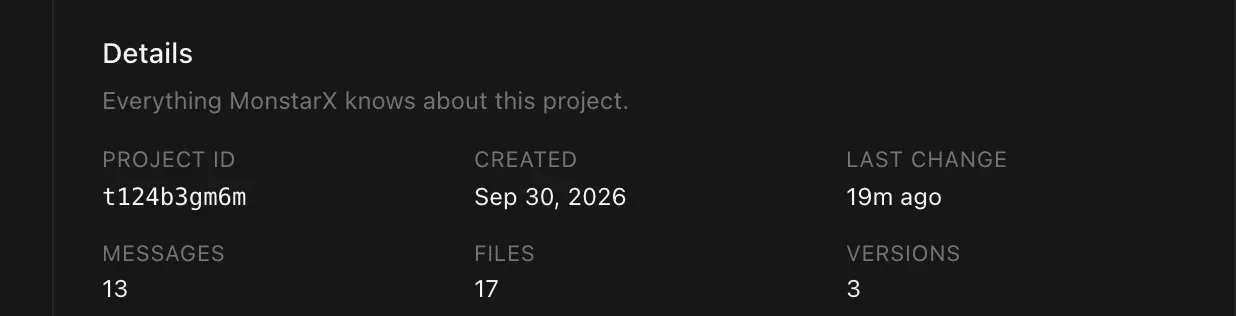 The Details section: project id t124b3gm6m, created Sep 30, 2026, last change 19m ago, 13 messages, 17 files and 3 versions