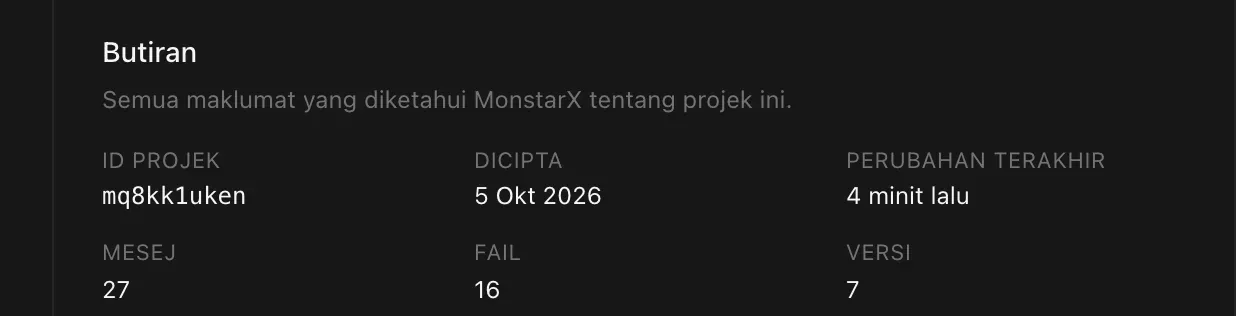 Bahagian Butiran: ID projek mq8kk1uken, dicipta pada 5 Okt 2026, perubahan terakhir 4 minit lalu, 27 mesej, 16 fail dan 7 versi