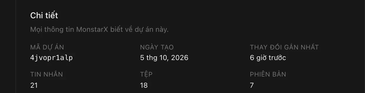 Mục Chi tiết: mã dự án 4jvopr1alp, ngày tạo 5 thg 10, 2026, thay đổi gần nhất 6 giờ trước, 21 tin nhắn, 18 tệp và 7 phiên bản