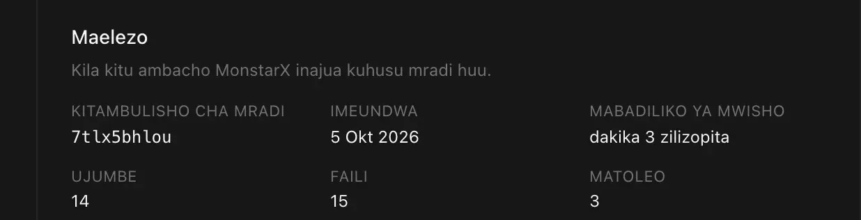 Sehemu ya Maelezo: kitambulisho cha mradi 7tlx5bhlou, kiliundwa tarehe 5 Okt 2026, badiliko la mwisho dakika 3 zilizopita, ujumbe 14, faili 15 na matoleo 3