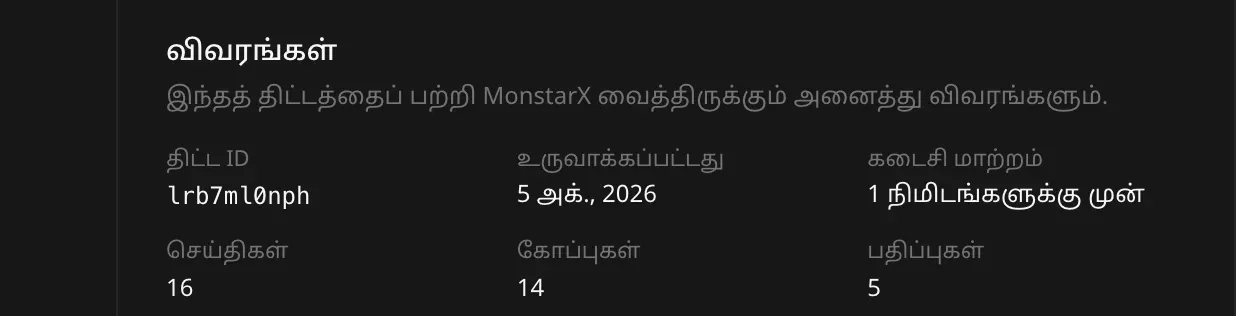 விவரங்கள் பகுதி: திட்ட ID lrb7ml0nph, உருவாக்கப்பட்டது 5 அக்., 2026, கடைசி மாற்றம் 1 நிமிடங்களுக்கு முன், 16 செய்திகள், 14 கோப்புகள், 5 பதிப்புகள்