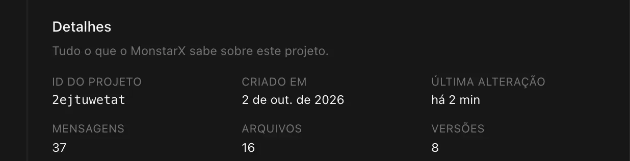 A seção Detalhes: ID do projeto 2ejtuwetat, criado em 2 de out. de 2026, última alteração há 2 min, 37 mensagens, 16 arquivos e 8 versões