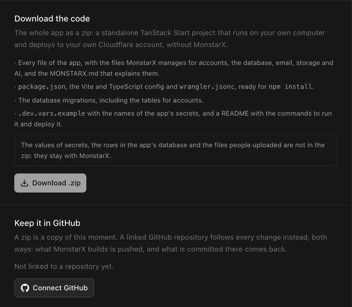 The Export page of Project settings: Download the code — the whole app as a zip, a standalone TanStack Start project that runs on your own computer and deploys to your own Cloudflare account, without MonstarX. A list of what the zip holds, a note on what stays behind, a Download .zip button, and Keep it in GitHub with Connect GitHub