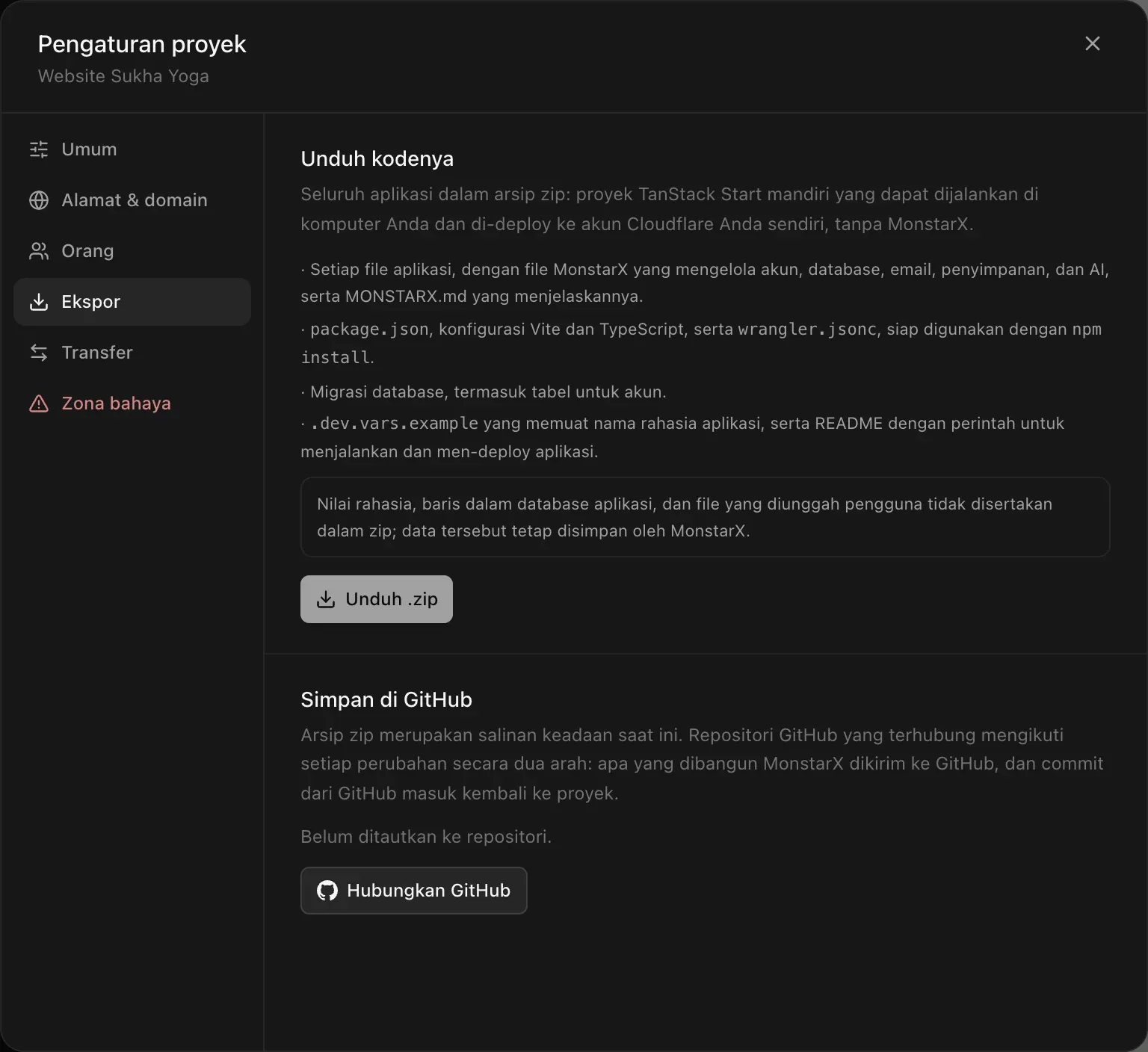 Halaman Ekspor di Pengaturan proyek: Unduh kodenya — seluruh aplikasi dalam arsip zip, proyek TanStack Start mandiri yang berjalan di komputer Anda dan dapat di-deploy ke akun Cloudflare Anda sendiri, tanpa MonstarX. Daftar isi zip, catatan tentang apa yang tidak disertakan, tombol Unduh .zip, serta Simpan di GitHub dengan Hubungkan GitHub