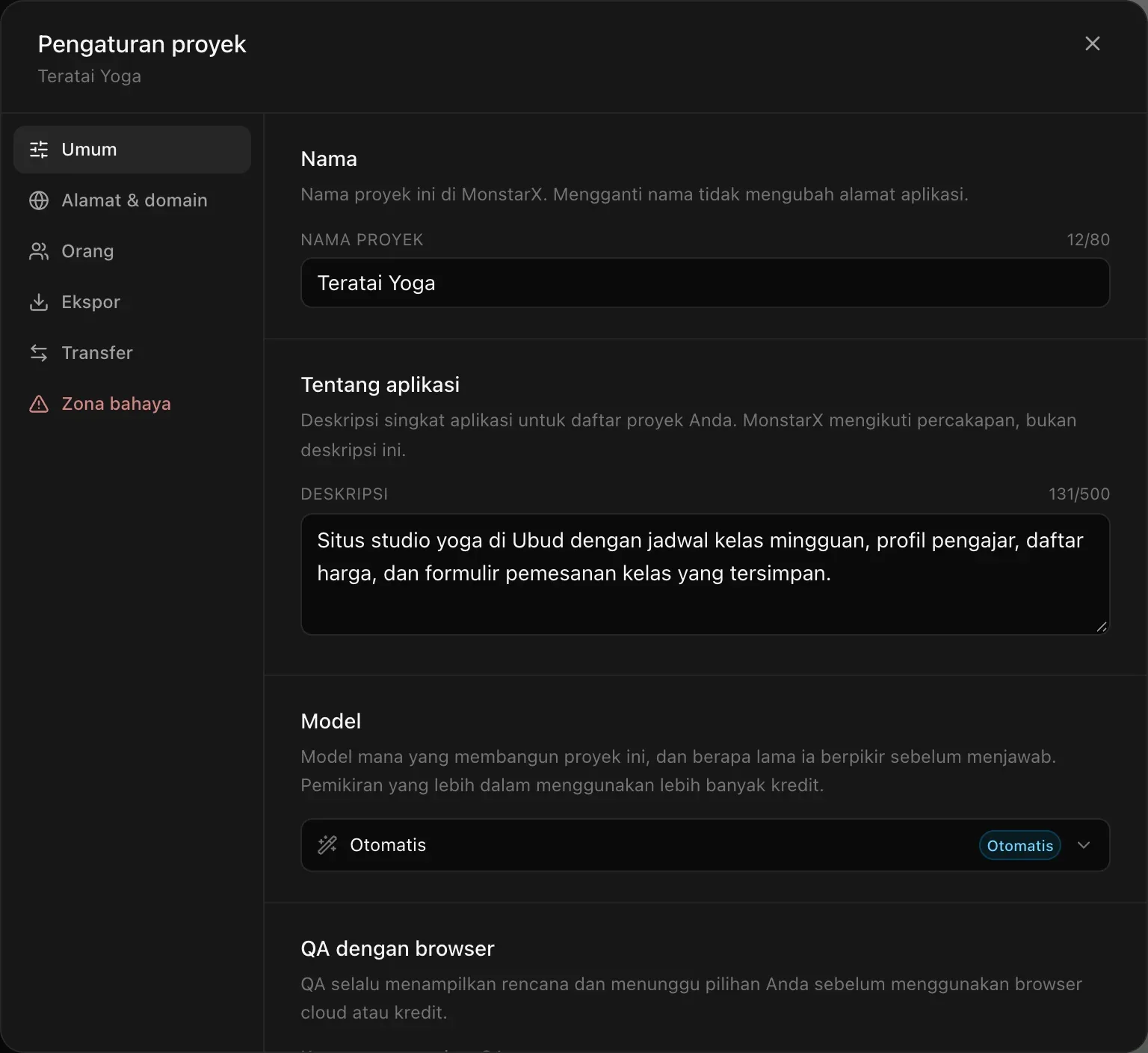 Pengaturan proyek di halaman Umum: nama proyek Teratai Yoga, deskripsinya, bagian Model yang disetel ke Otomatis, dan awal bagian QA dengan browser