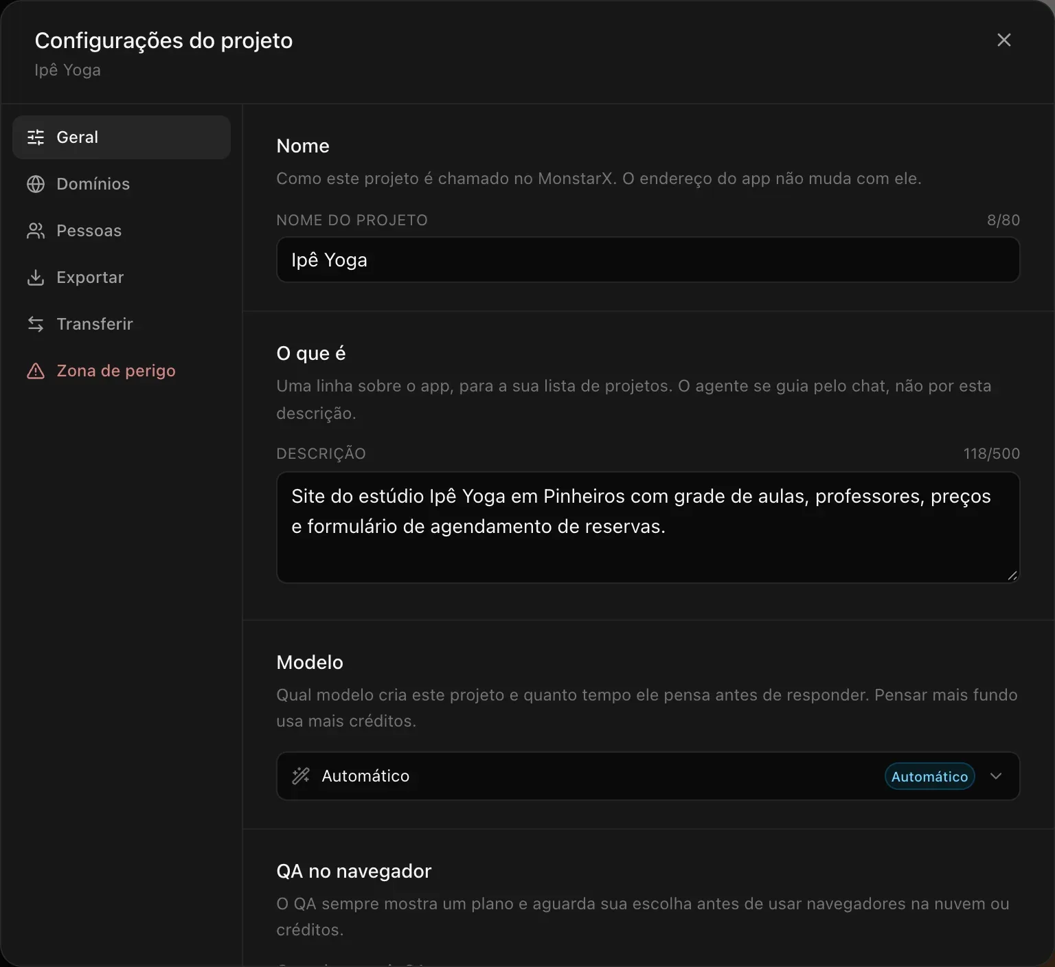 As Configurações do projeto na página Geral: o nome do projeto Ipê Yoga, a descrição, a seção Modelo definida como Automático e o começo de QA no navegador