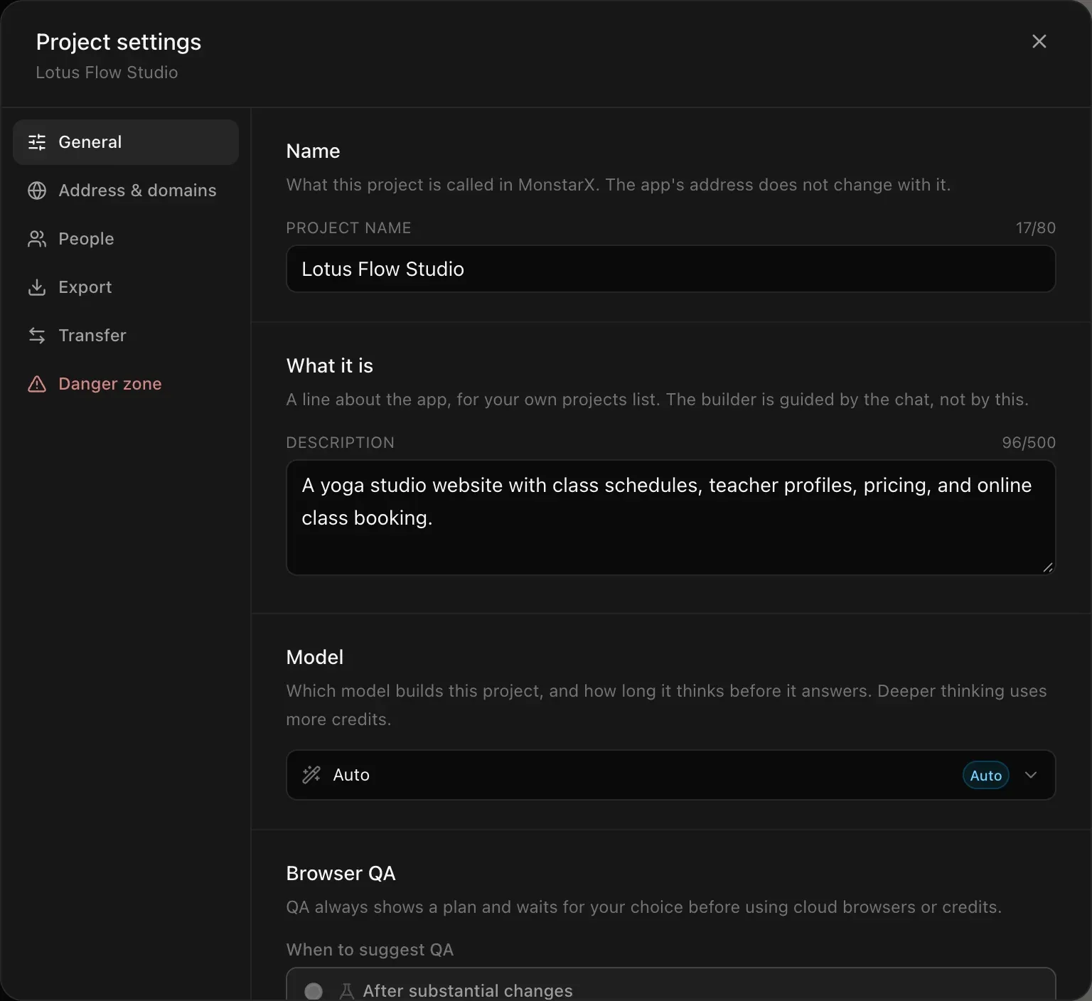 Project settings on the General page: the project name Lotus Flow Studio, its description, the Model section set to Auto, and the start of Browser QA