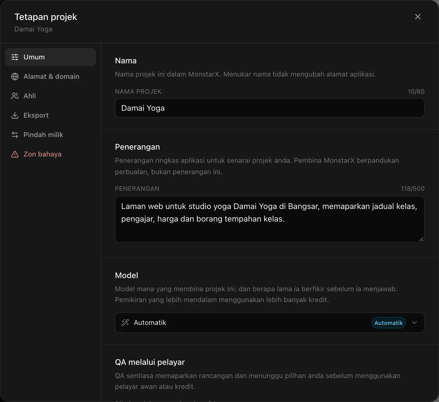Tetapan projek pada halaman Umum: nama projek Damai Yoga, penerangannya, bahagian Model yang ditetapkan kepada Automatik, dan permulaan QA melalui pelayar