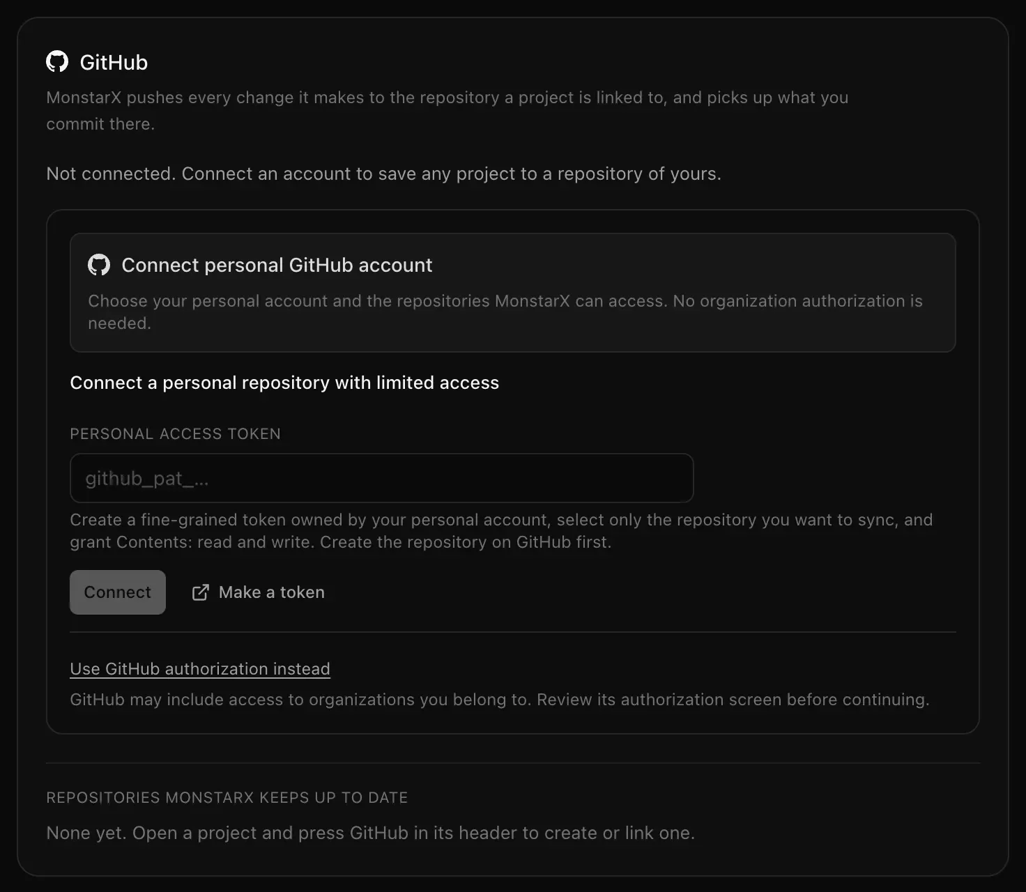 The GitHub card in Settings, Integrations: Not connected, with Connect personal GitHub account at the top, then Connect a personal repository with limited access with a Personal access token field, and a Use GitHub authorization instead link