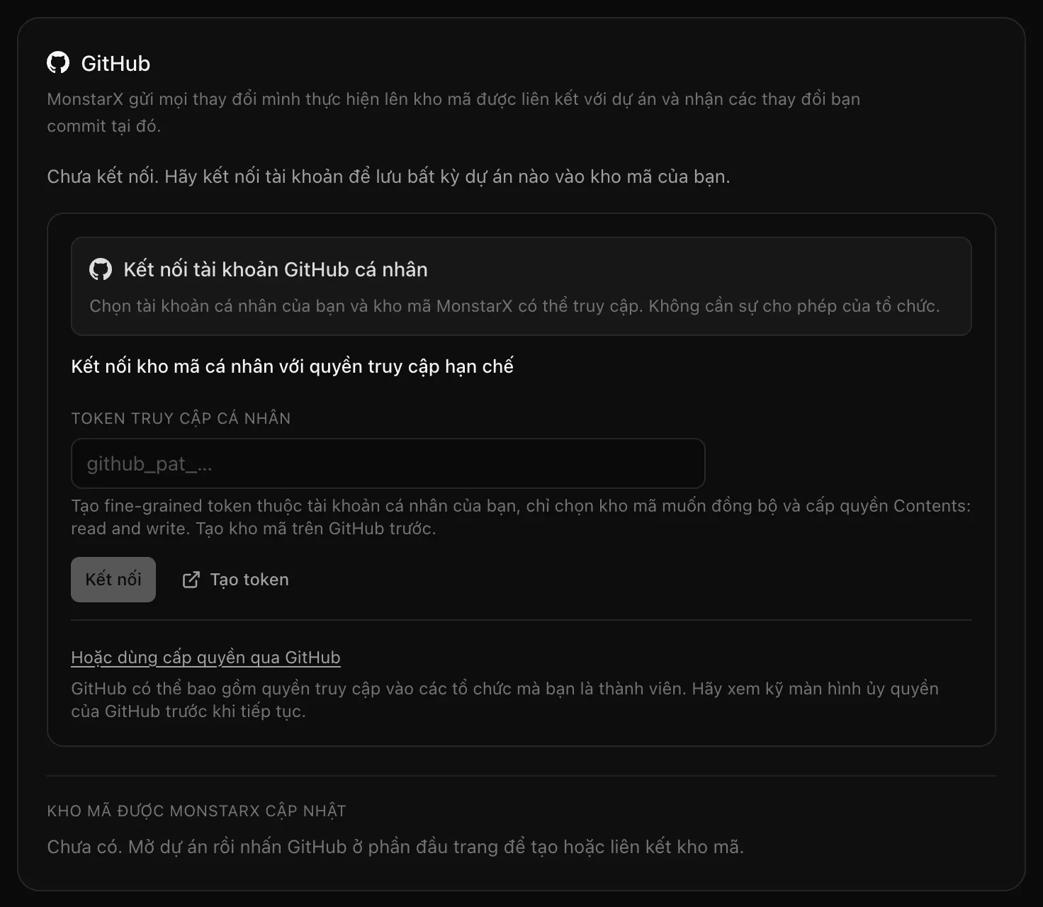 Thẻ GitHub trong Cài đặt, Tích hợp: Chưa kết nối, với Kết nối tài khoản GitHub cá nhân ở trên cùng, tiếp theo là Kết nối kho mã cá nhân với quyền truy cập hạn chế kèm trường Token truy cập cá nhân, và liên kết Hoặc dùng cấp quyền qua GitHub