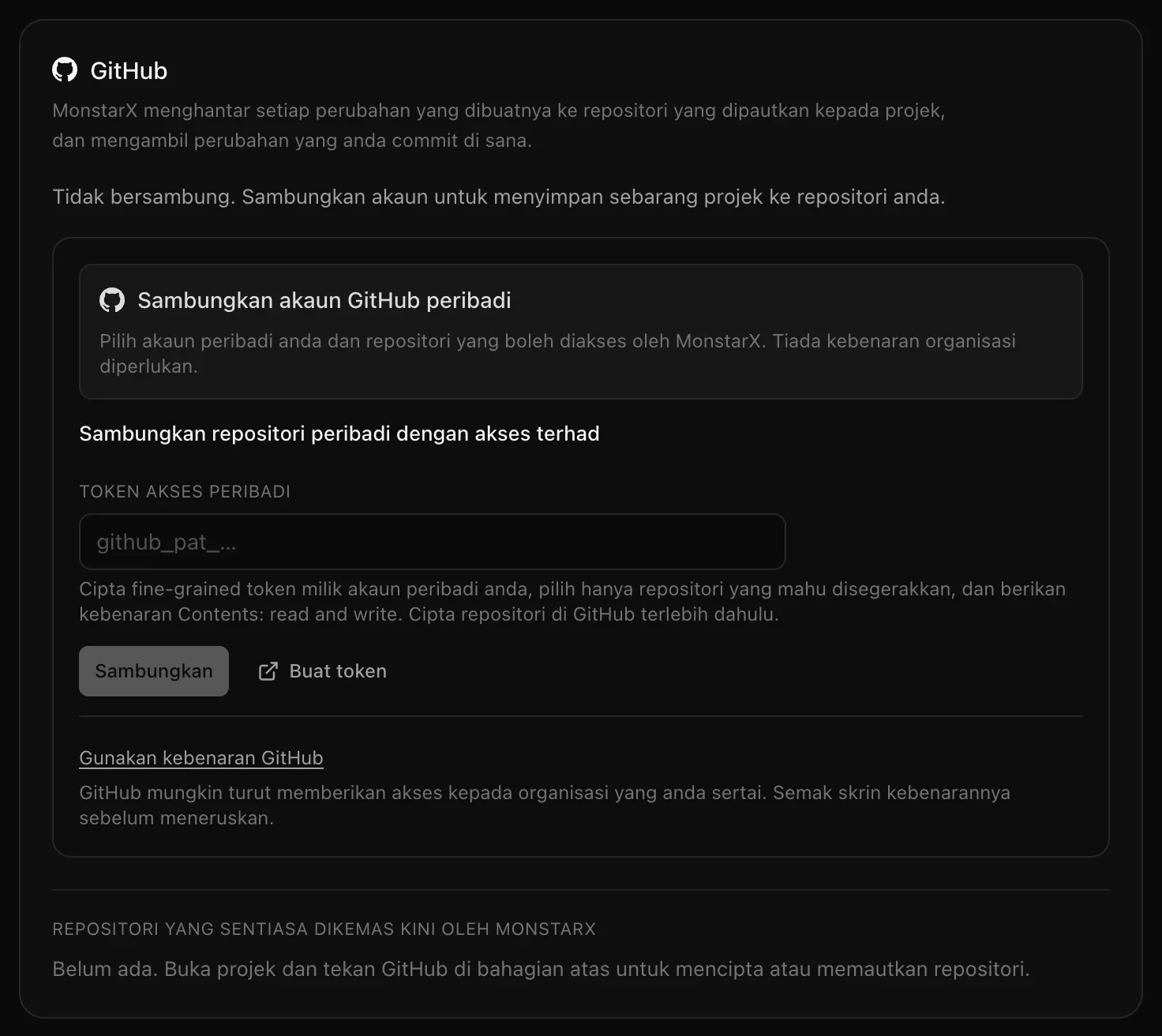 Kad GitHub dalam Tetapan, Integrasi: Tidak bersambung, dengan Sambungkan akaun GitHub peribadi di bahagian atas, kemudian Sambungkan repositori peribadi dengan akses terhad dengan medan Token akses peribadi, dan pautan Gunakan kebenaran GitHub