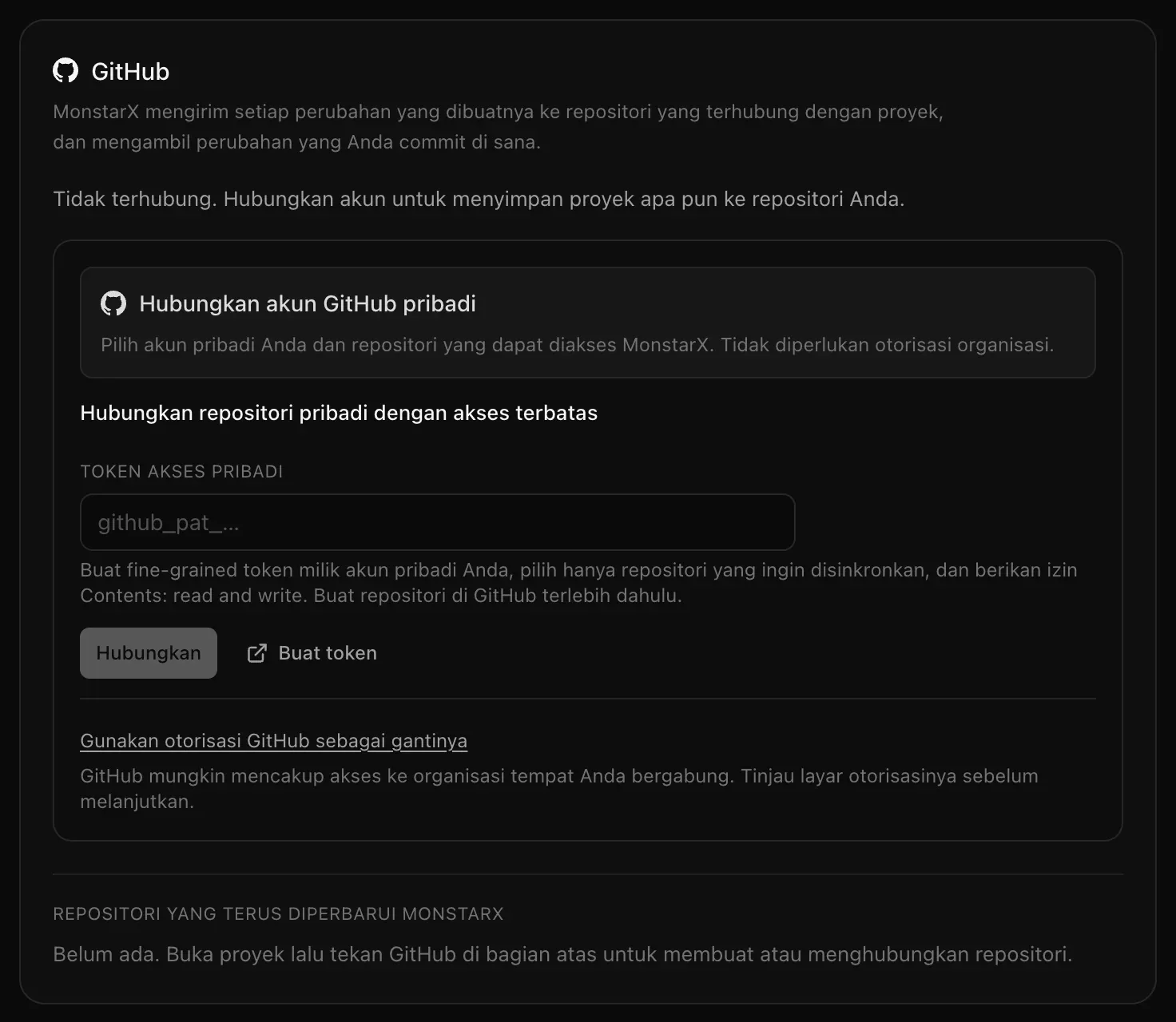 Kartu GitHub di Pengaturan, Integrasi: Tidak terhubung, dengan Hubungkan akun GitHub pribadi di bagian atas, lalu Hubungkan repositori pribadi dengan akses terbatas dengan kolom Token akses pribadi, dan tautan Gunakan otorisasi GitHub sebagai gantinya