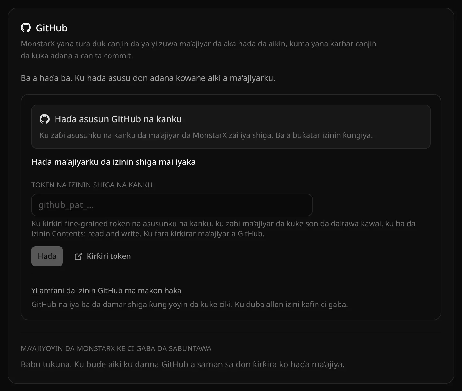 Katin GitHub a Saituna, Haɗin asusu: Ba a haɗa ba, tare da Haɗa asusun GitHub na kanku a sama, sannan Haɗa ma’ajiyarku da izinin shiga mai iyaka da filin Token na izinin shiga na kanku, da hanyar haɗin Yi amfani da izinin GitHub maimakon haka
