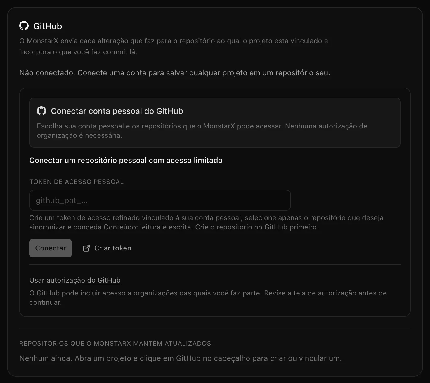 O cartão do GitHub em Configurações, Integrações: Não conectado, com Conectar conta pessoal do GitHub no topo, depois Conectar um repositório pessoal com acesso limitado, com um campo Token de acesso pessoal, e um link Usar autorização do GitHub
