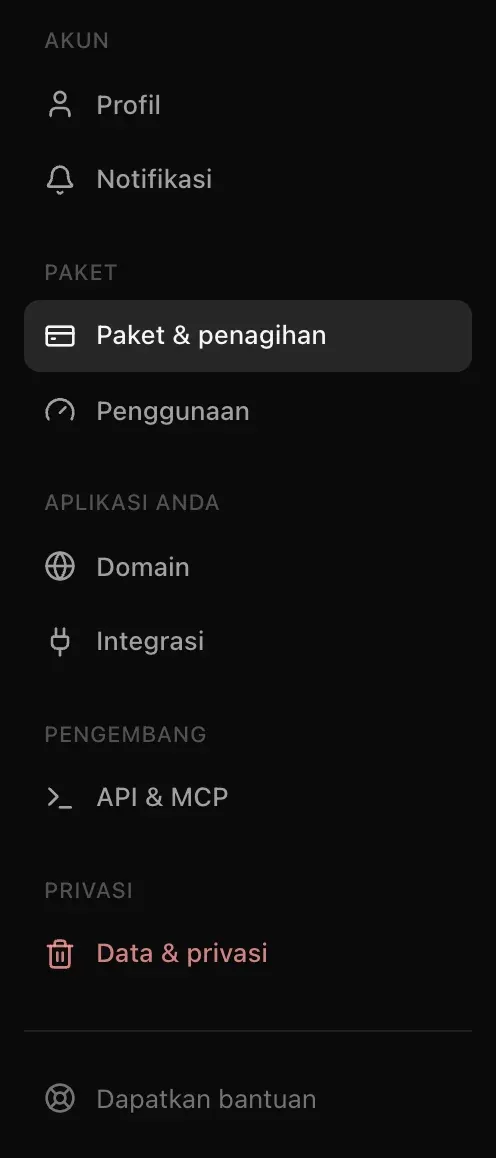Navigasi Pengaturan: Profil, Notifikasi, Paket & penagihan, Penggunaan, Domain, Integrasi, API & MCP, Data & privasi, dan Dapatkan bantuan