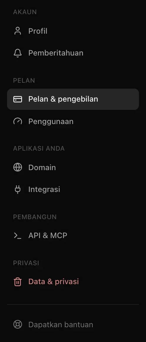 Navigasi Tetapan: Profil, Pemberitahuan, Pelan & pengebilan, Penggunaan, Domain, Integrasi, API & MCP, Data & privasi dan Dapatkan bantuan