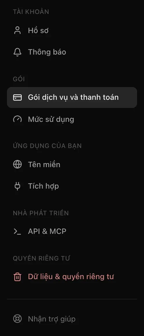 Thanh điều hướng của Cài đặt: Hồ sơ, Thông báo, Gói dịch vụ và thanh toán, Mức sử dụng, Tên miền, Tích hợp, API & MCP, Dữ liệu & quyền riêng tư và Nhận trợ giúp