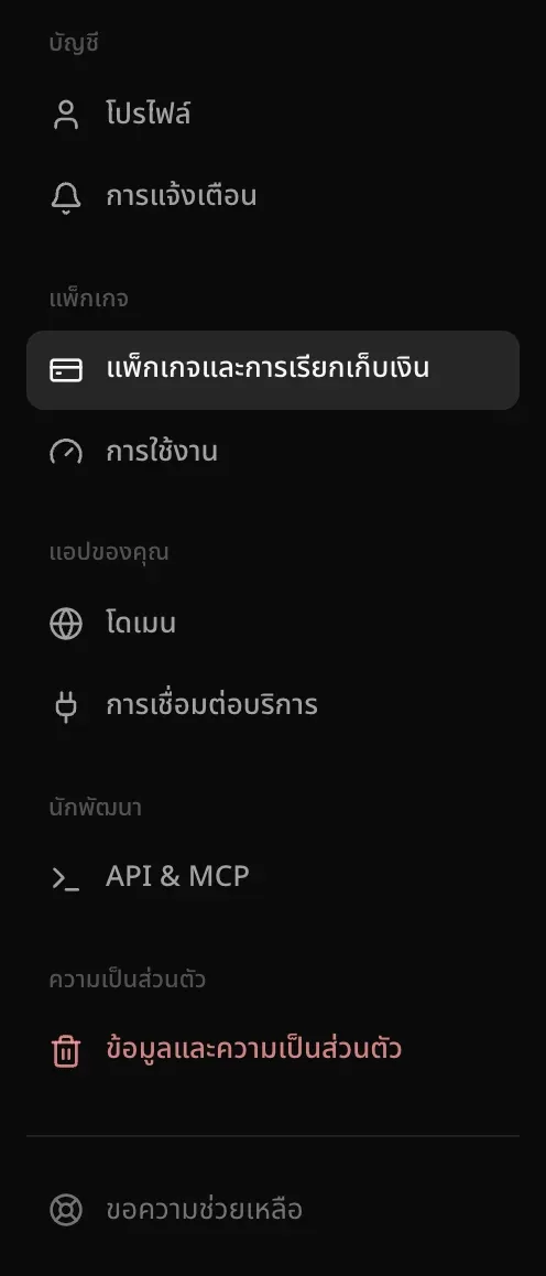 เมนูการตั้งค่า ได้แก่ โปรไฟล์ การแจ้งเตือน แพ็กเกจและการเรียกเก็บเงิน การใช้งาน โดเมน การเชื่อมต่อบริการ API & MCP ข้อมูลและความเป็นส่วนตัว และขอความช่วยเหลือ